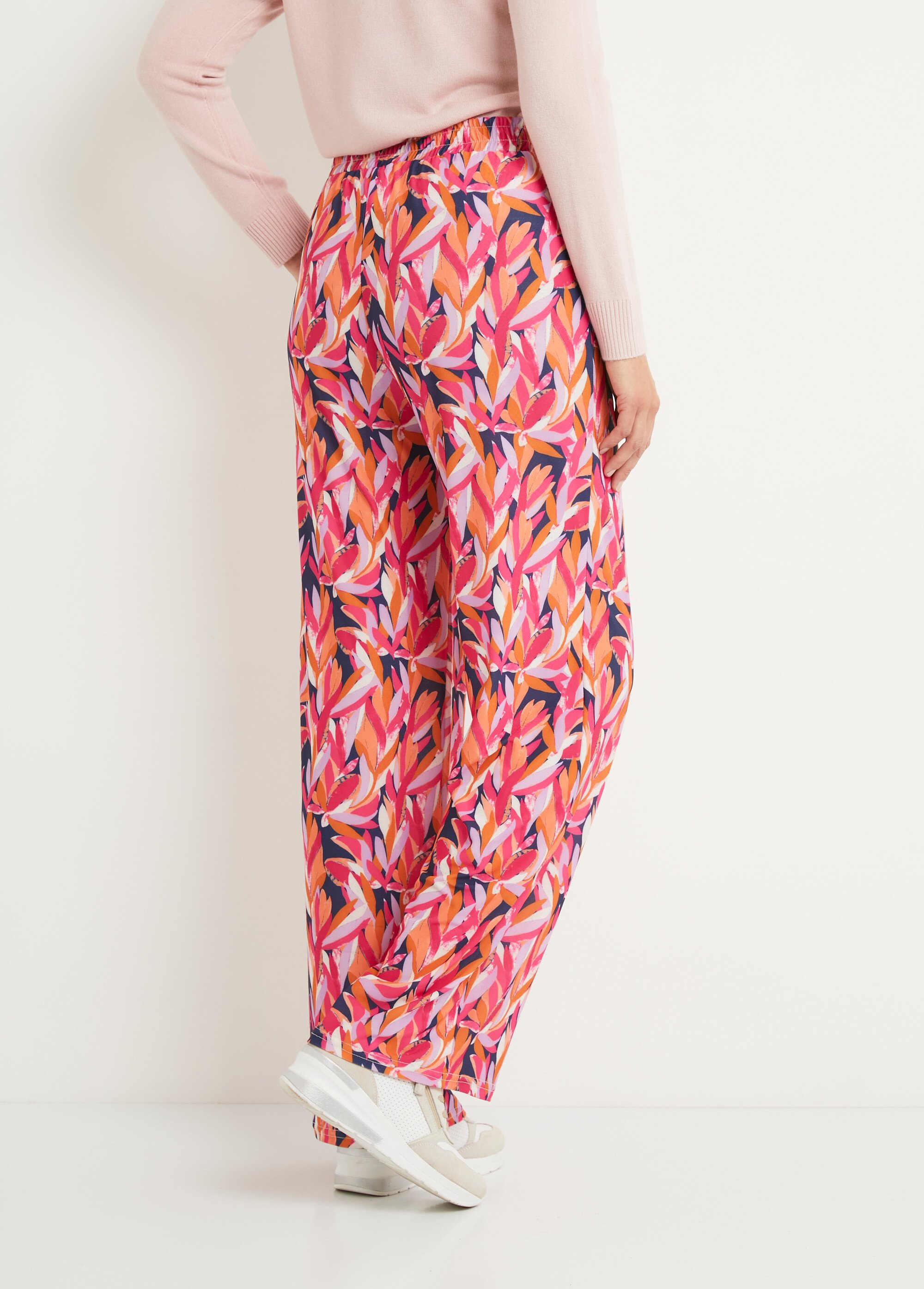 Pantalon large taille élastiquée feuillage