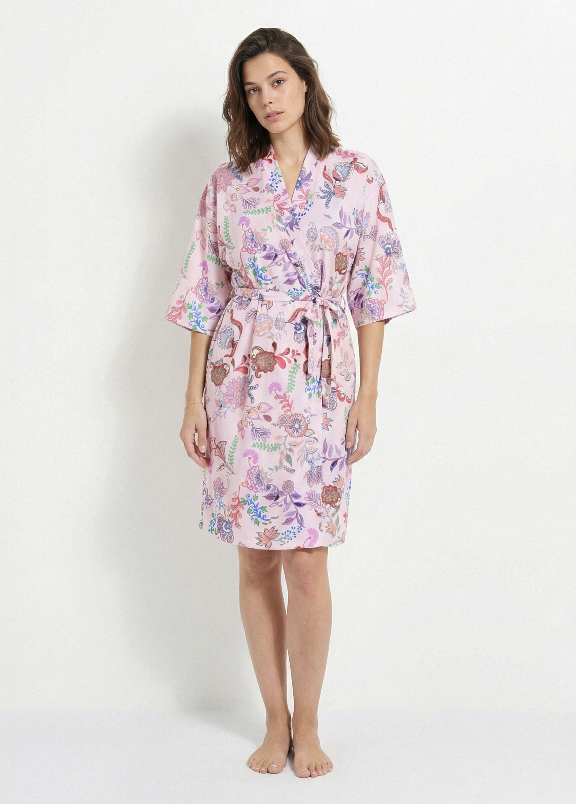Peignoir kimono satiné imprimé mi-long Femme Rose SAMIRA FA1