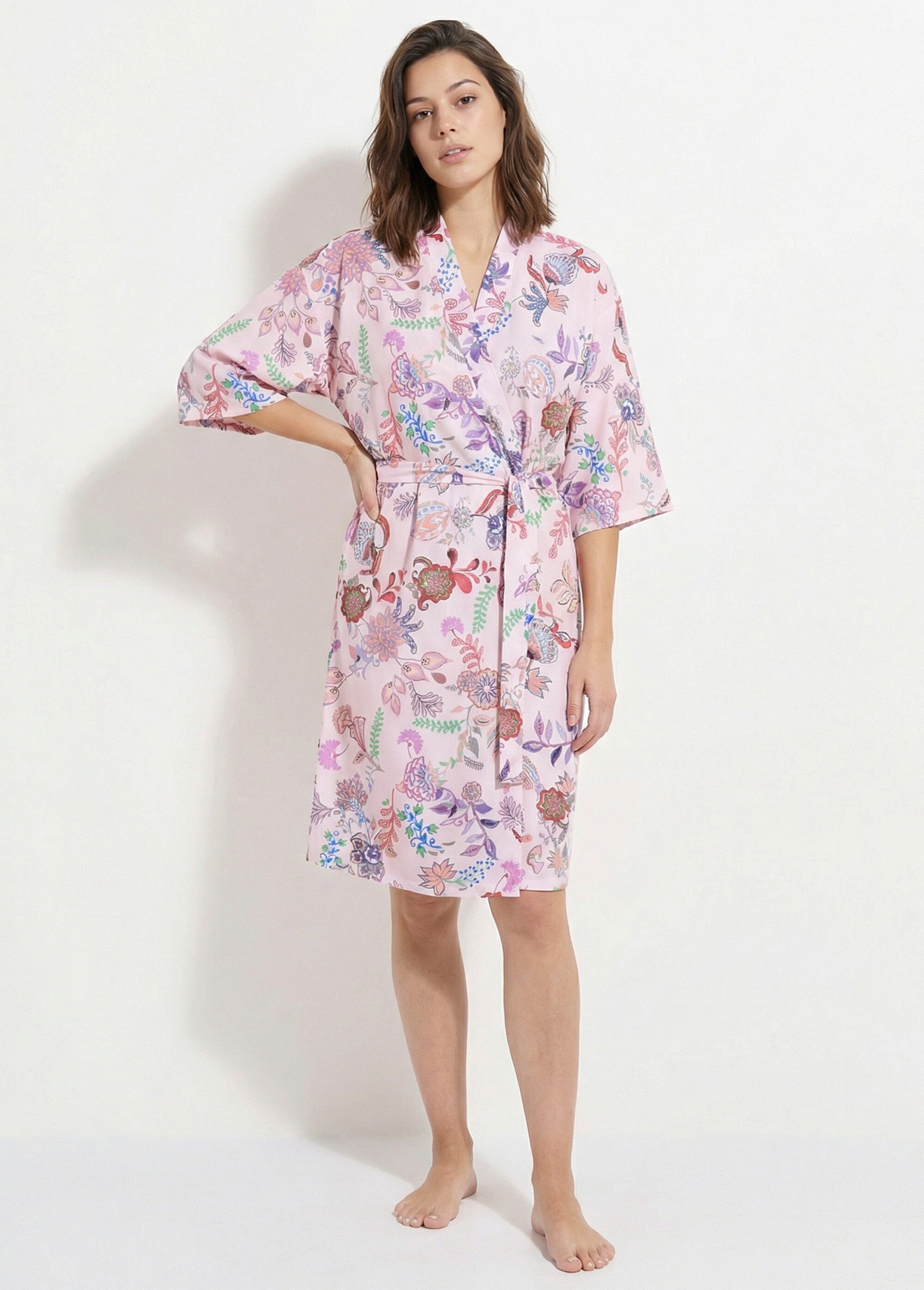 Peignoir kimono satiné imprimé mi-long Femme Rose SAMIRA MV1