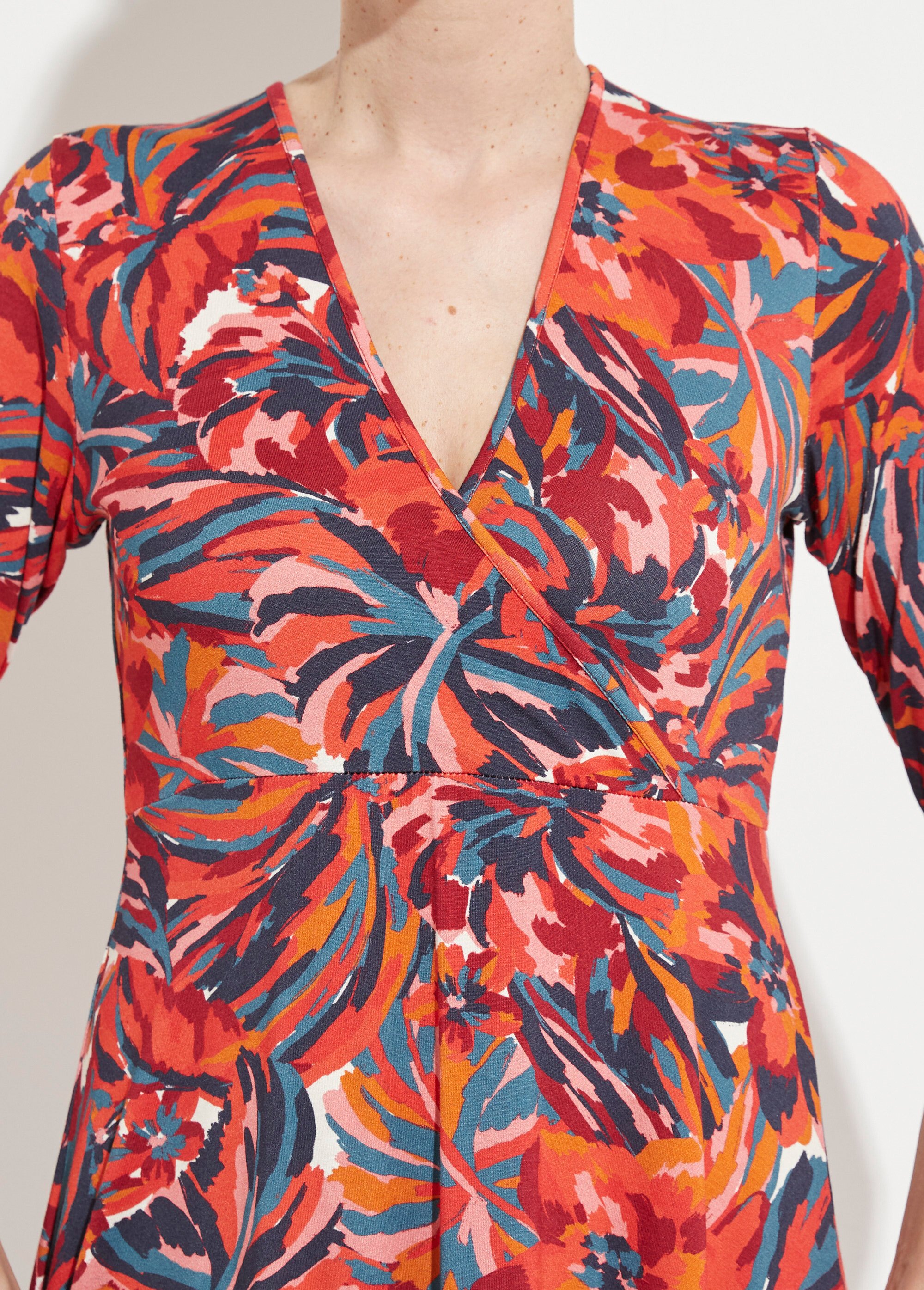 Robe cache-coeur courte manches 3/4 motif floral