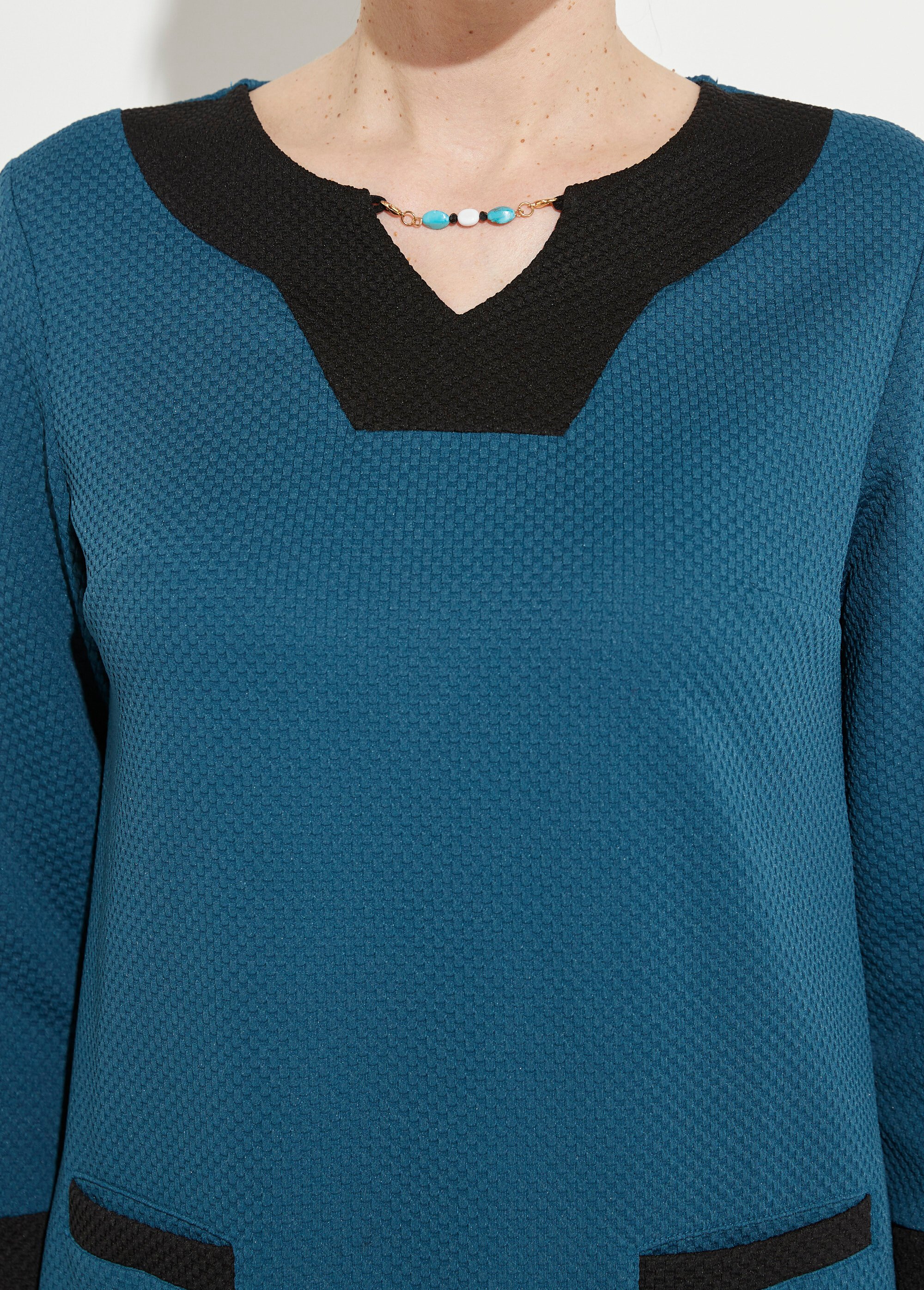 Robe courte droite bicolore manches 3/4 Femme BLEU CANARD ET NOIR HEXAGONE DE1