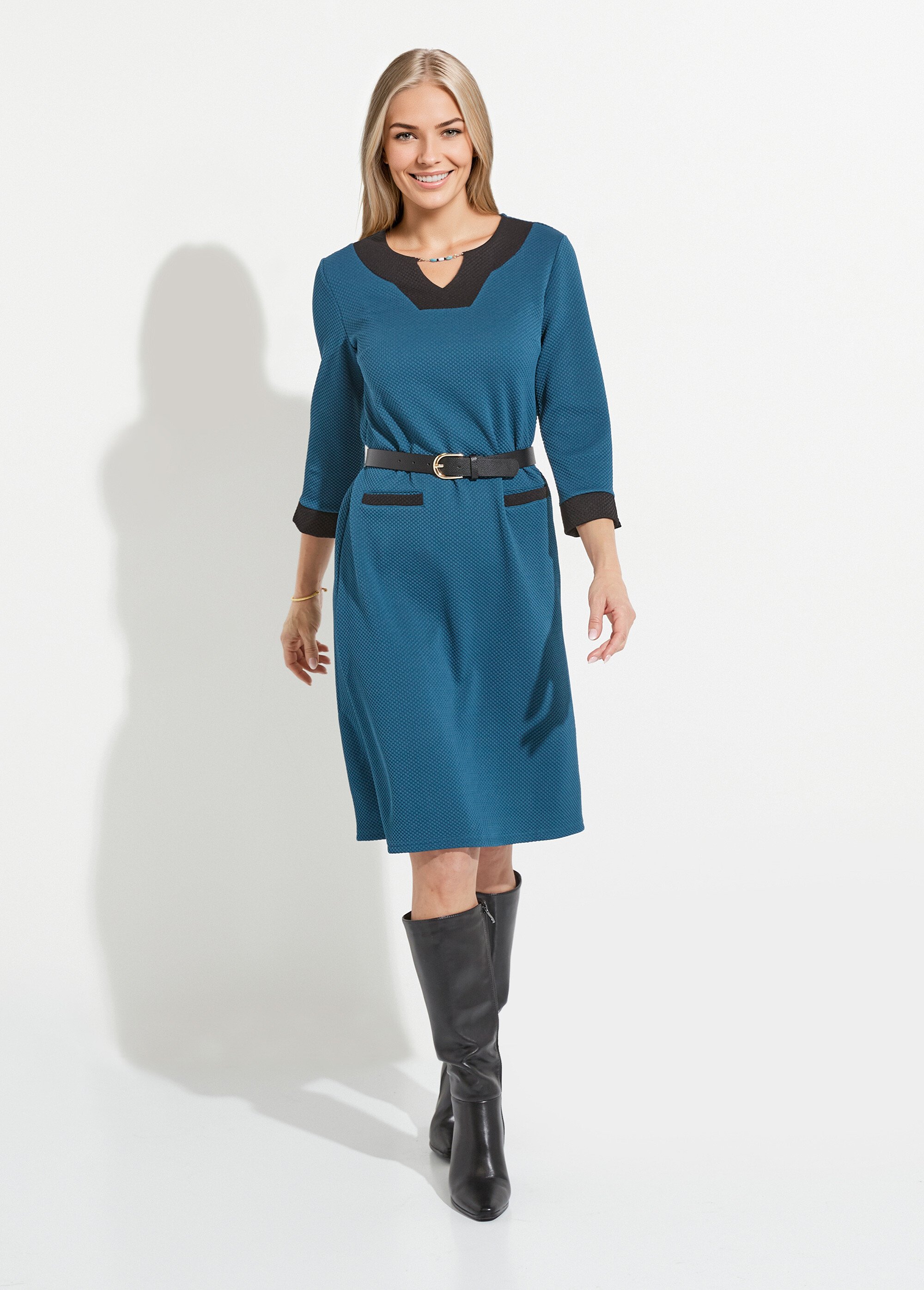 Robe courte droite bicolore manches 3/4 Femme BLEU CANARD ET NOIR HEXAGONE MV1