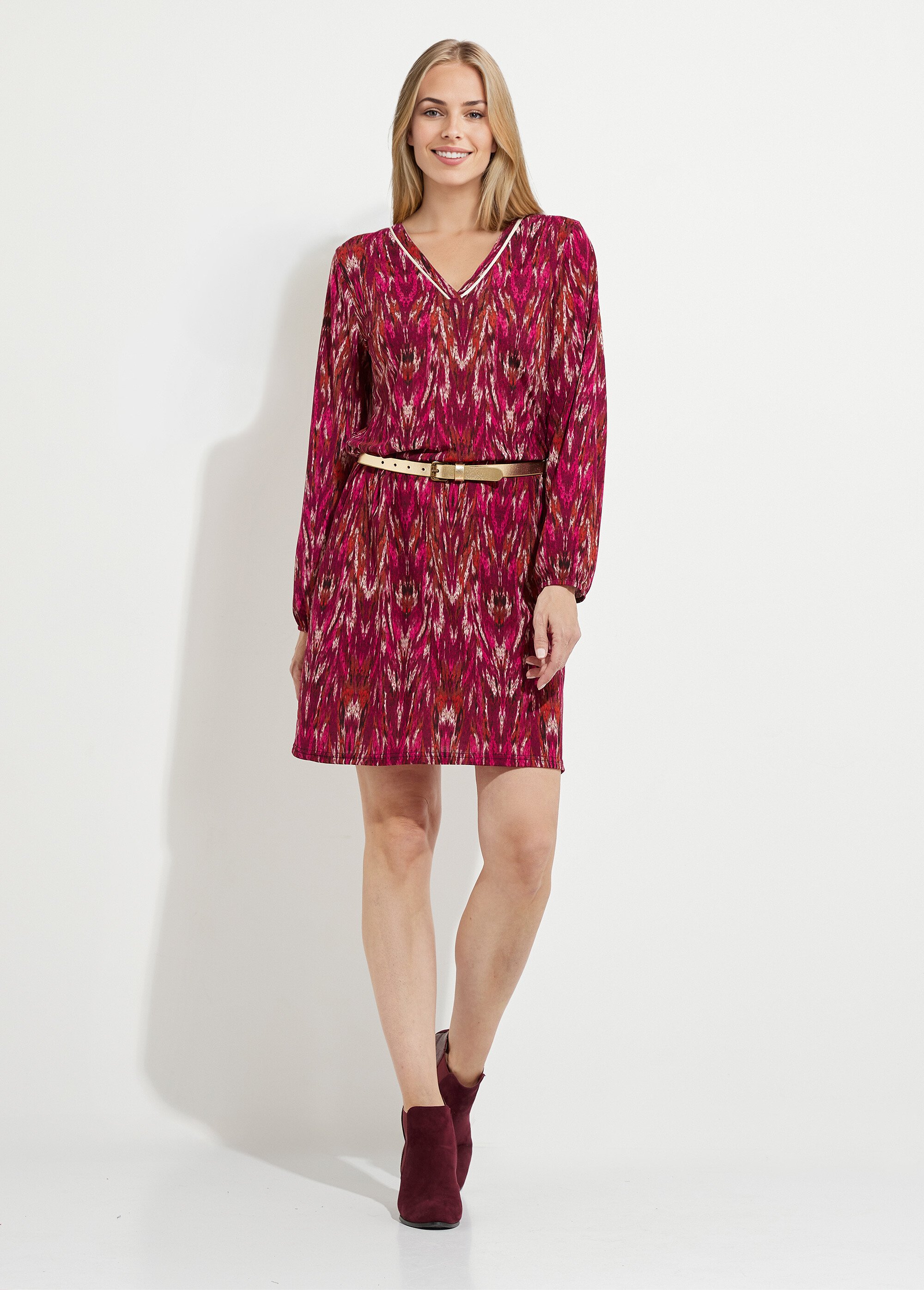 Robe courte imprimée col V manches longues Femme CASSIS ET BEIGE HAURORE FA1