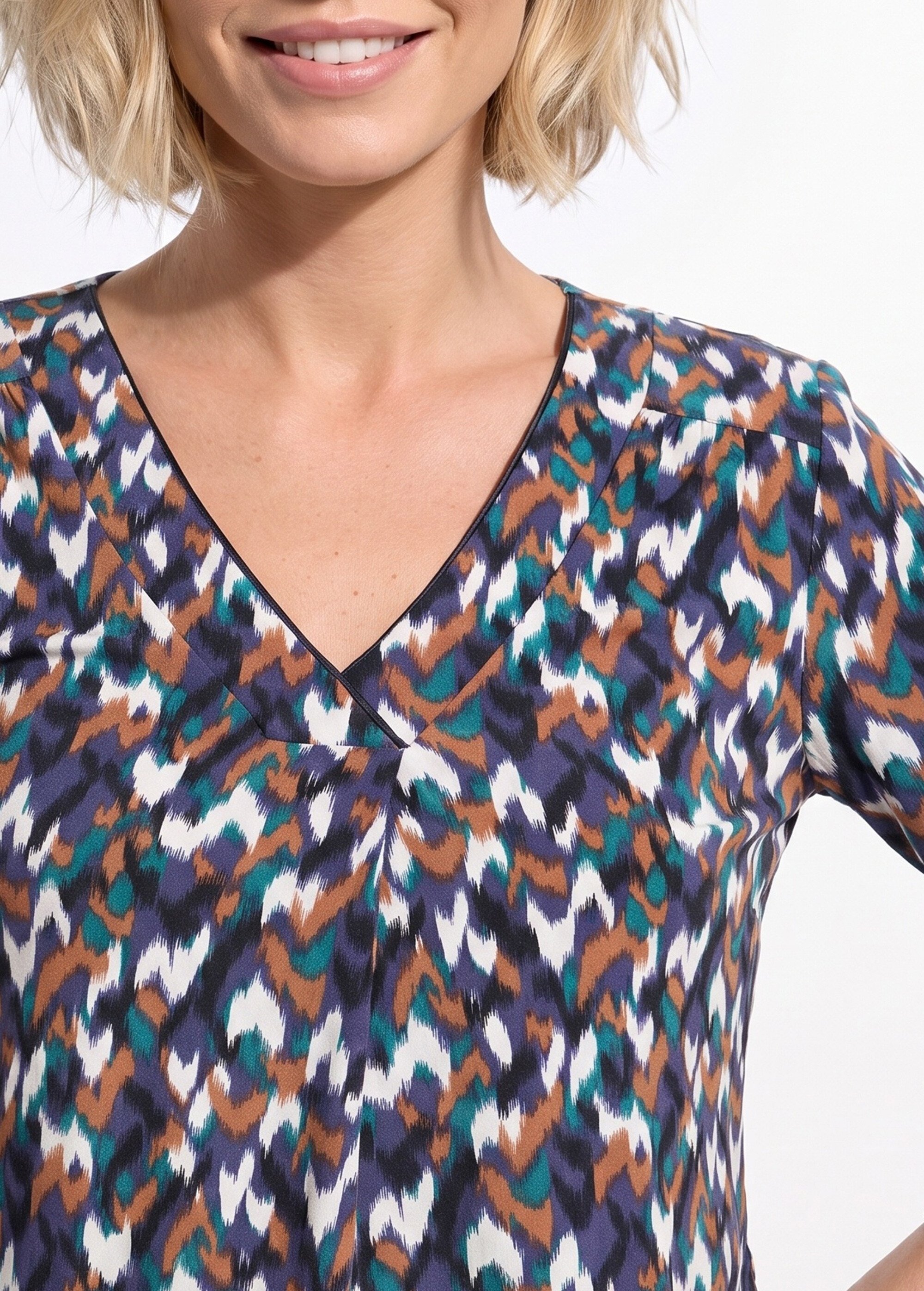 T-shirt ample col V manches 3/4 imprimé graphique Femme Bleu CEDON DE1