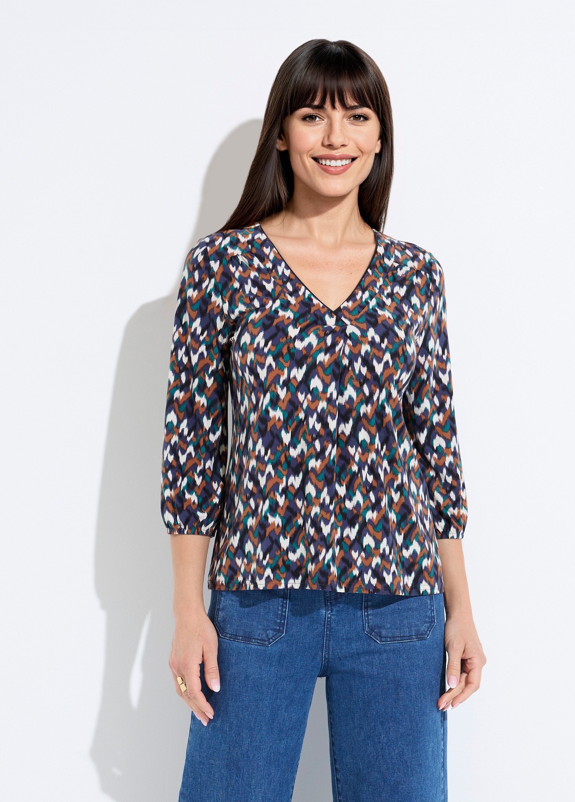 T-shirt ample col V manches 3/4 imprimé graphique Femme Bleu CEDON FA1