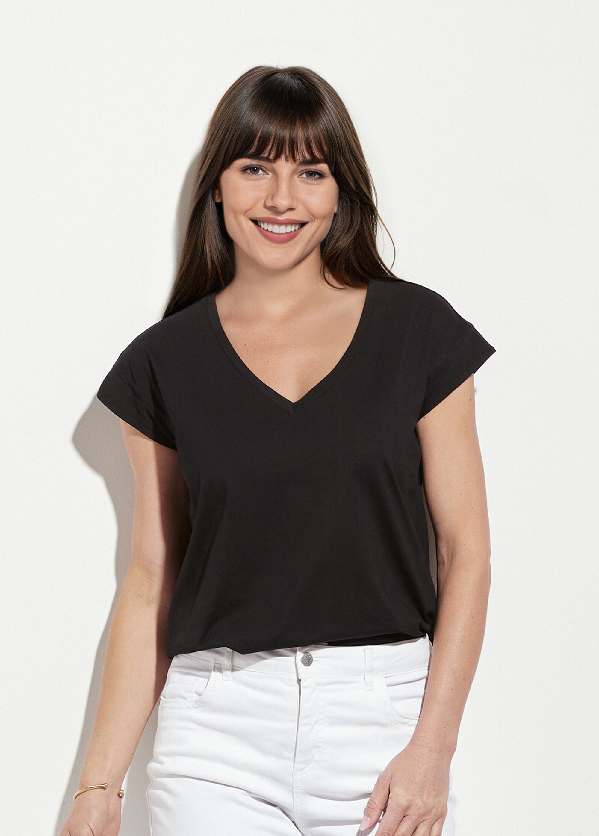 T-shirt col V sans manches maille coton