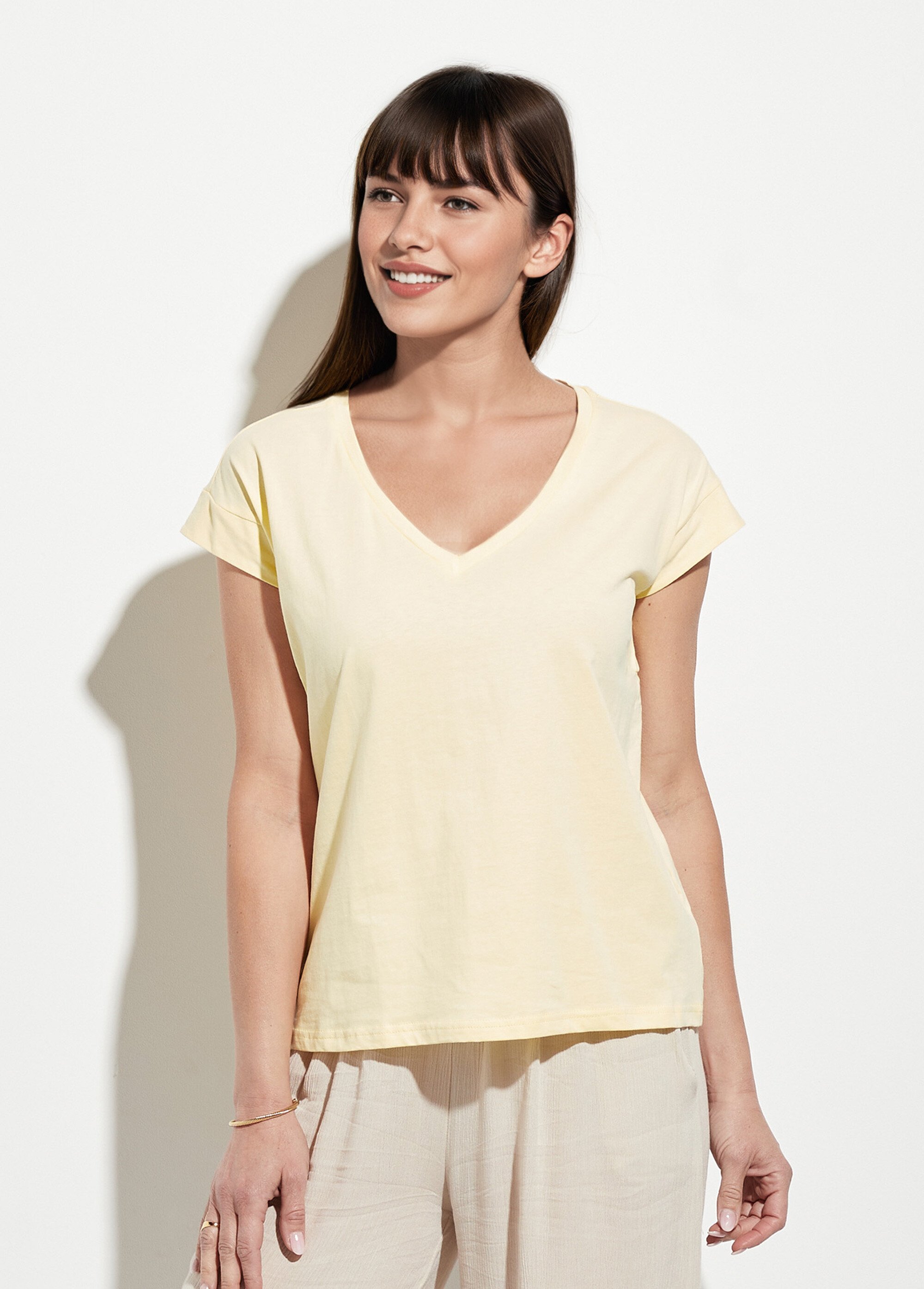 T-shirt col V sans manches maille coton
