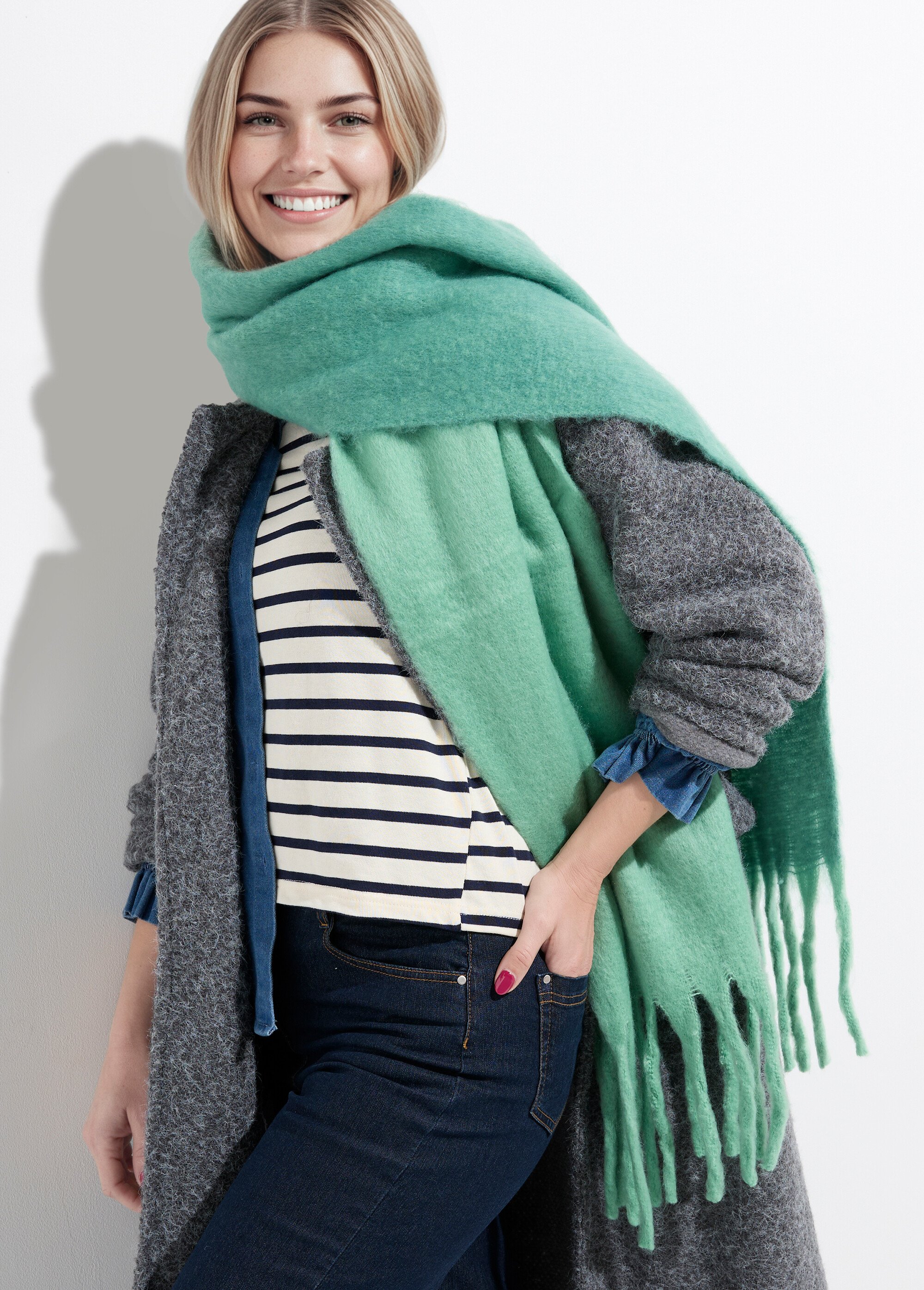 Echarpe épaisse grosses franges, camaieu Femme Vert NES180LSW2515 MV1