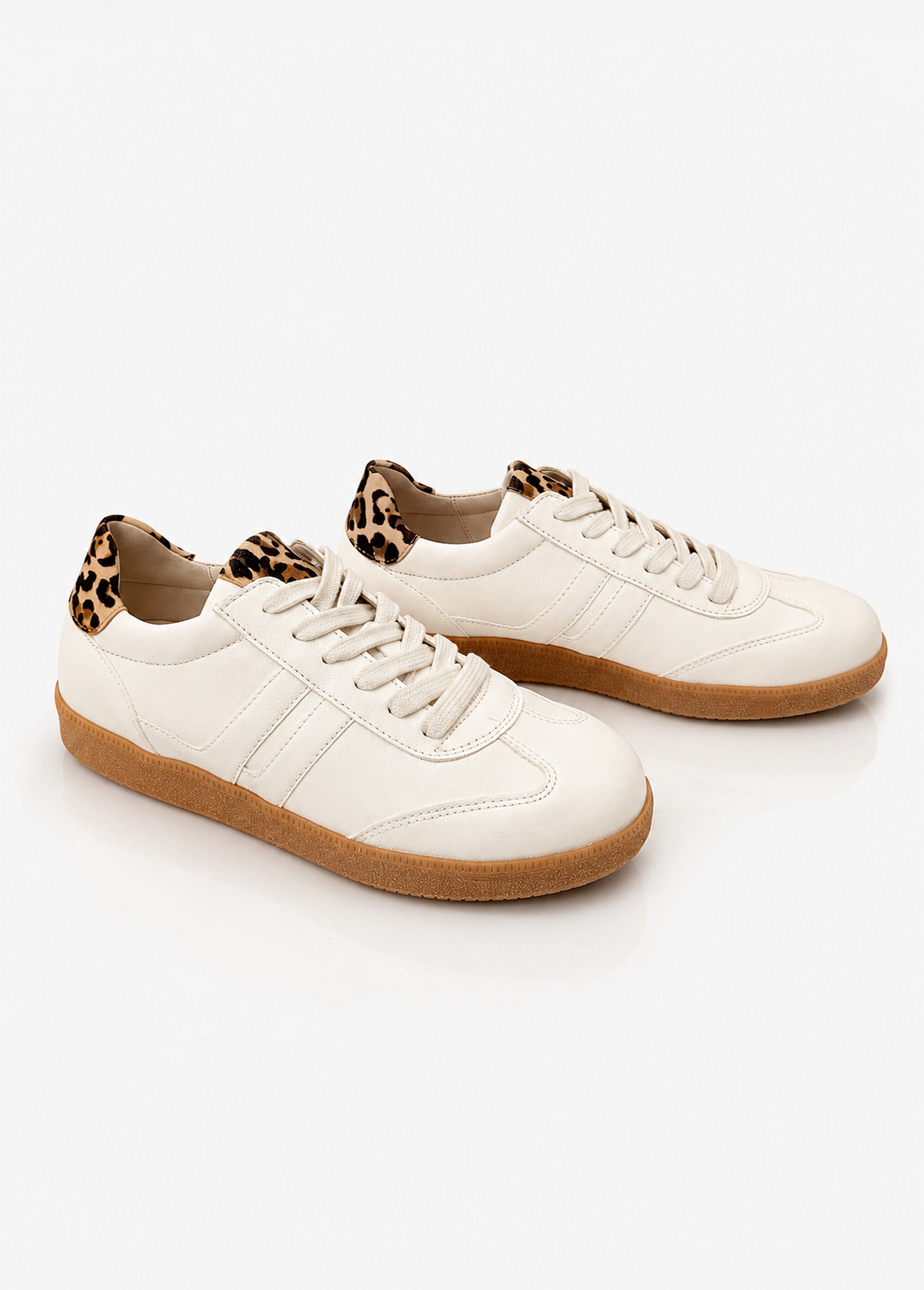 Baskets cuir à lacets, détails léopard Femme Blanc GAB-8330021 DE1