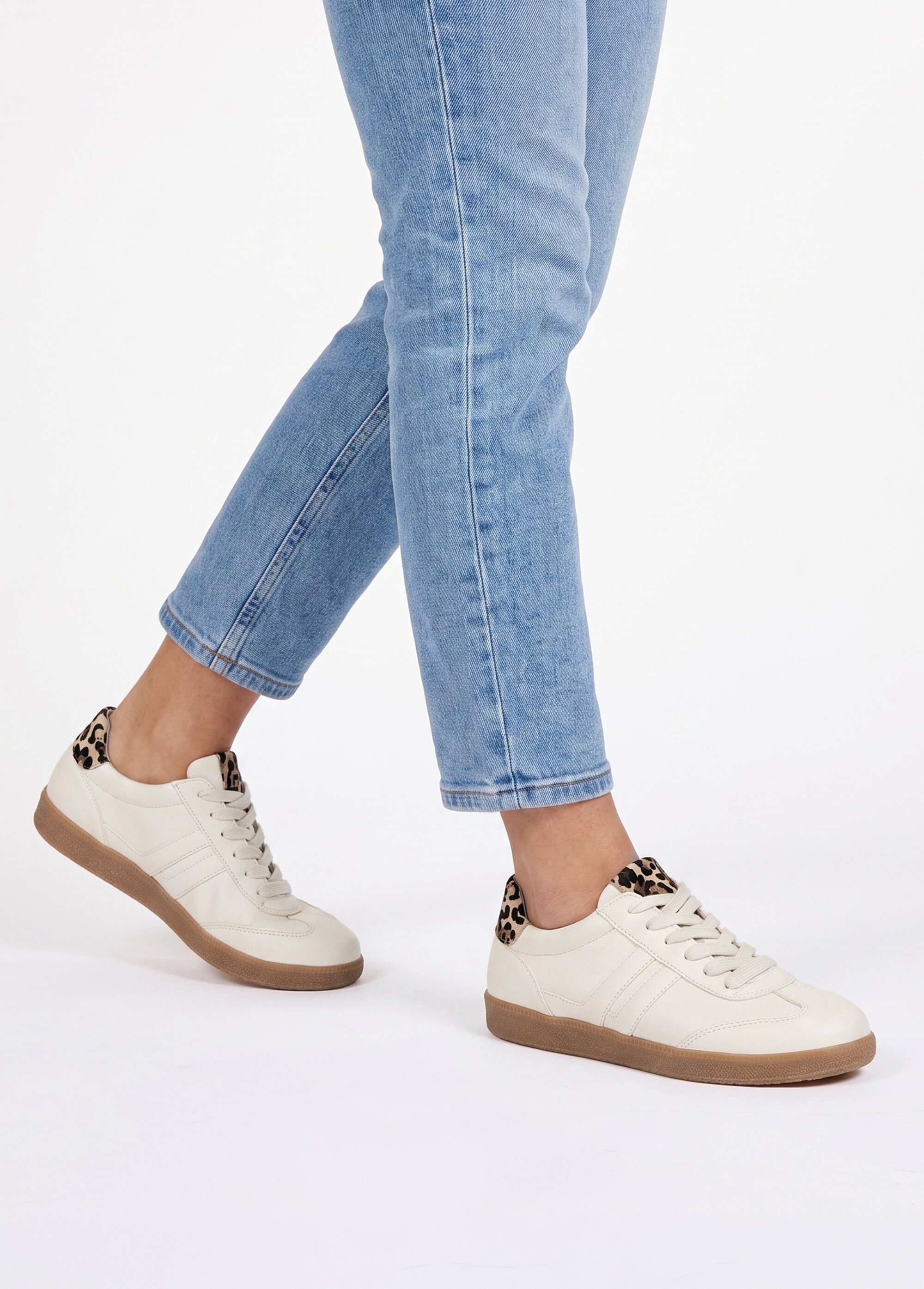 Baskets cuir à lacets, détails léopard Femme Blanc GAB-8330021 SI1