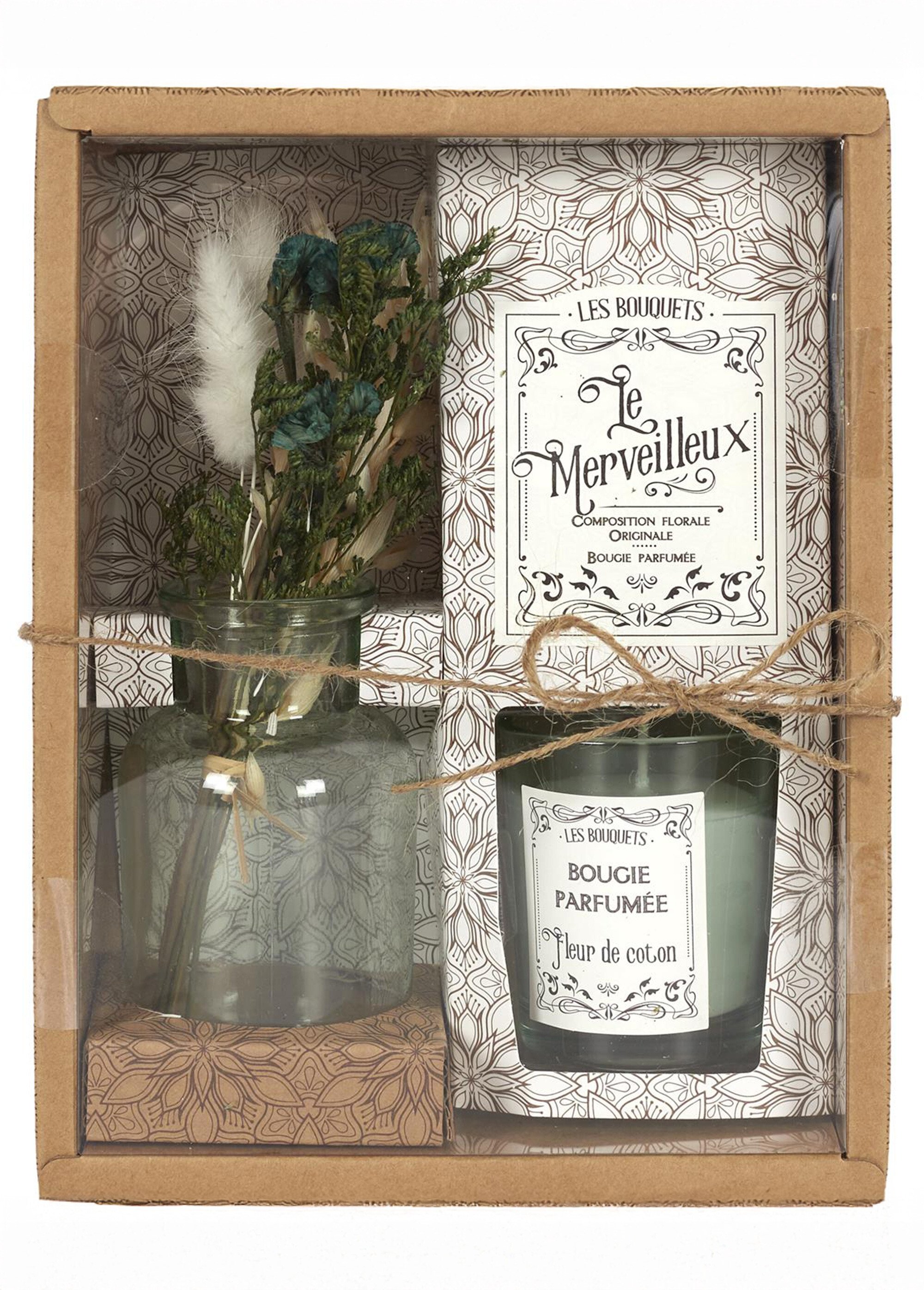 Coffret bougie parfumée + fleurs séchées bouquet
