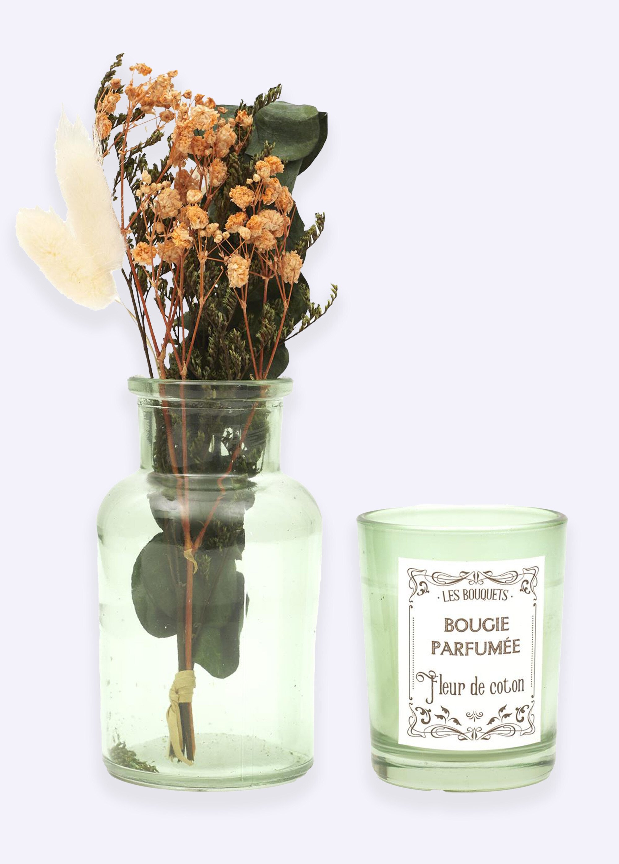 Coffret bougie parfumée + fleurs séchées bouquet