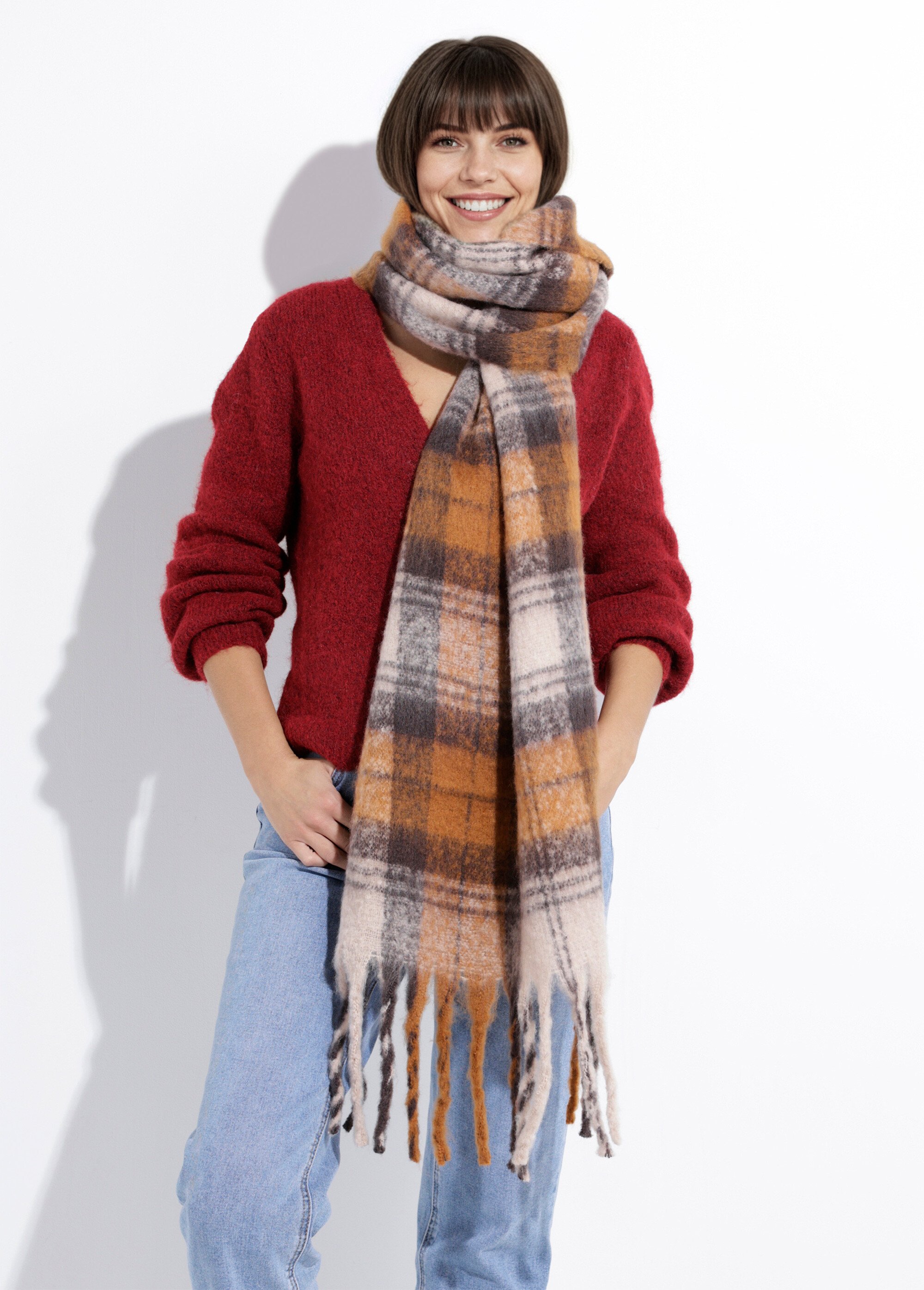 Echarpe longue à carreaux, à franges Femme CARREAUX BEIGE NES180LSW2531 MV1