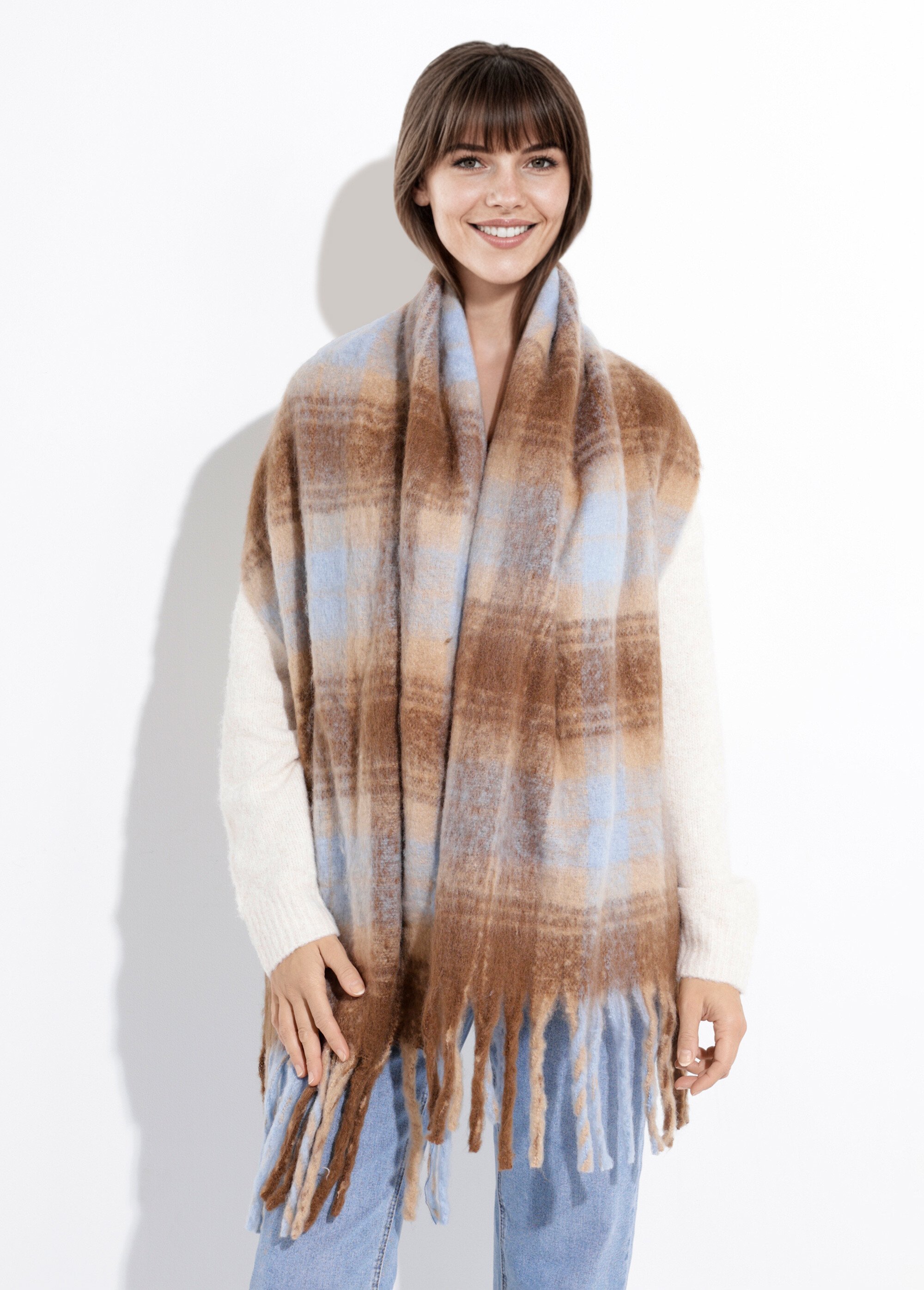 Echarpe longue à carreaux, à franges Femme CARREAUX BLEU CIEL NES180LSW2531 FA1