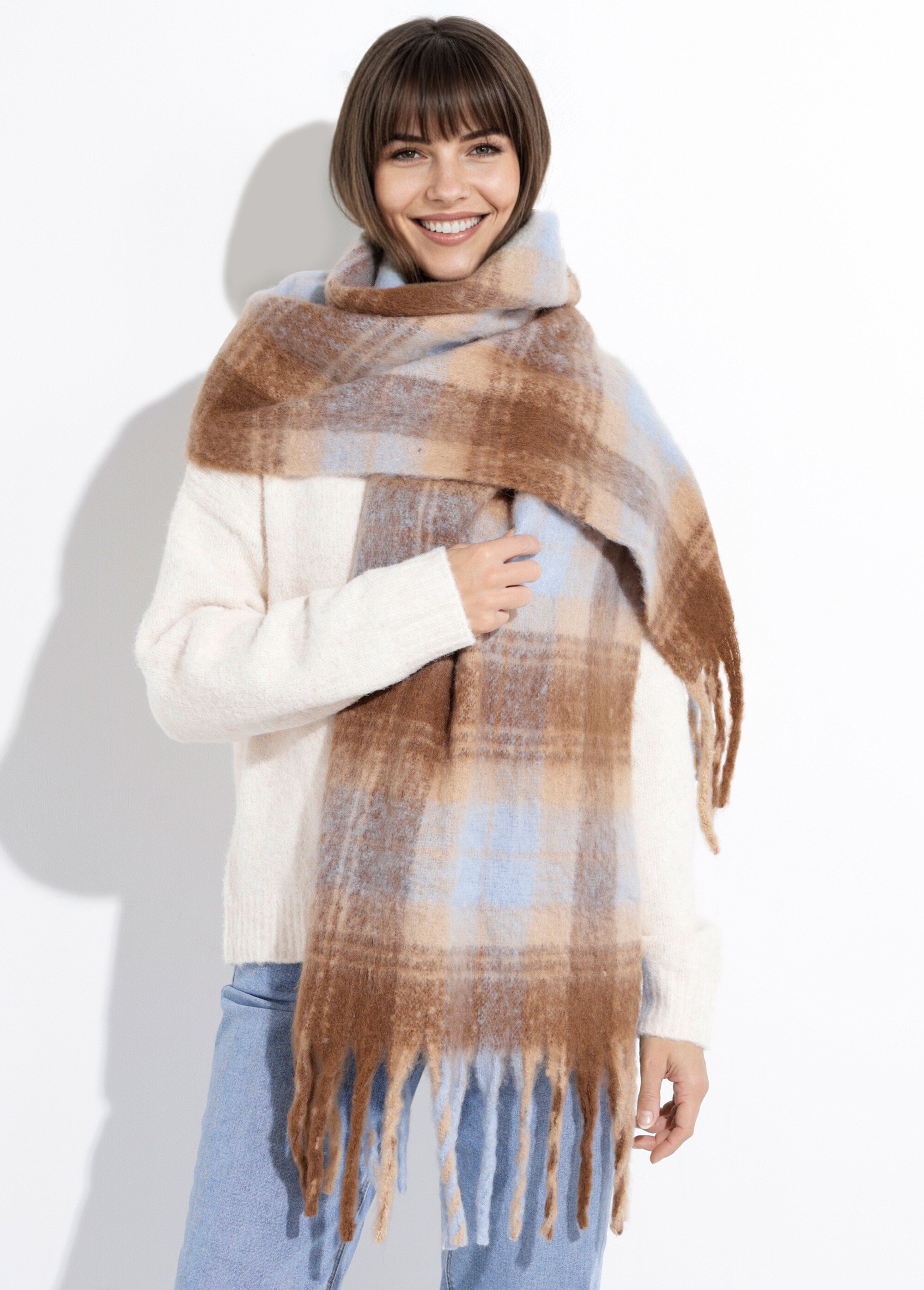 Echarpe longue à carreaux, à franges