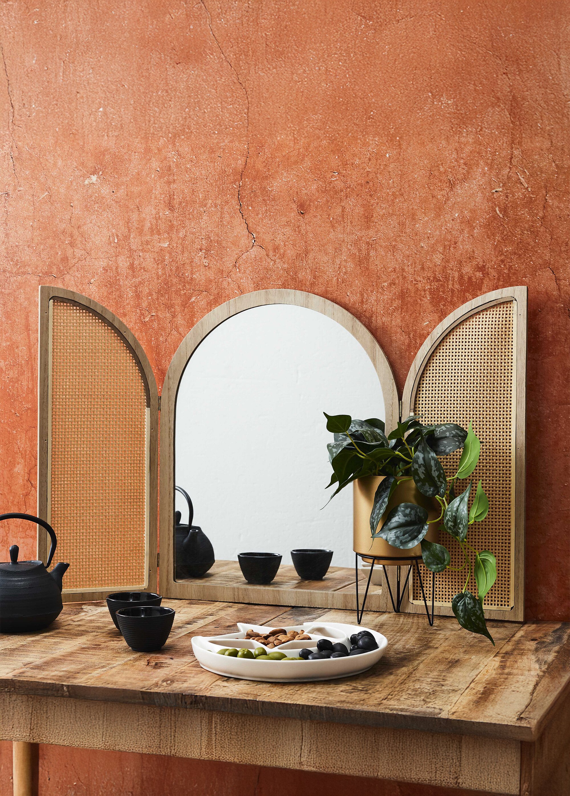 Miroir déco à volets, bois et cannage Marron CMP-HD0448 SI1