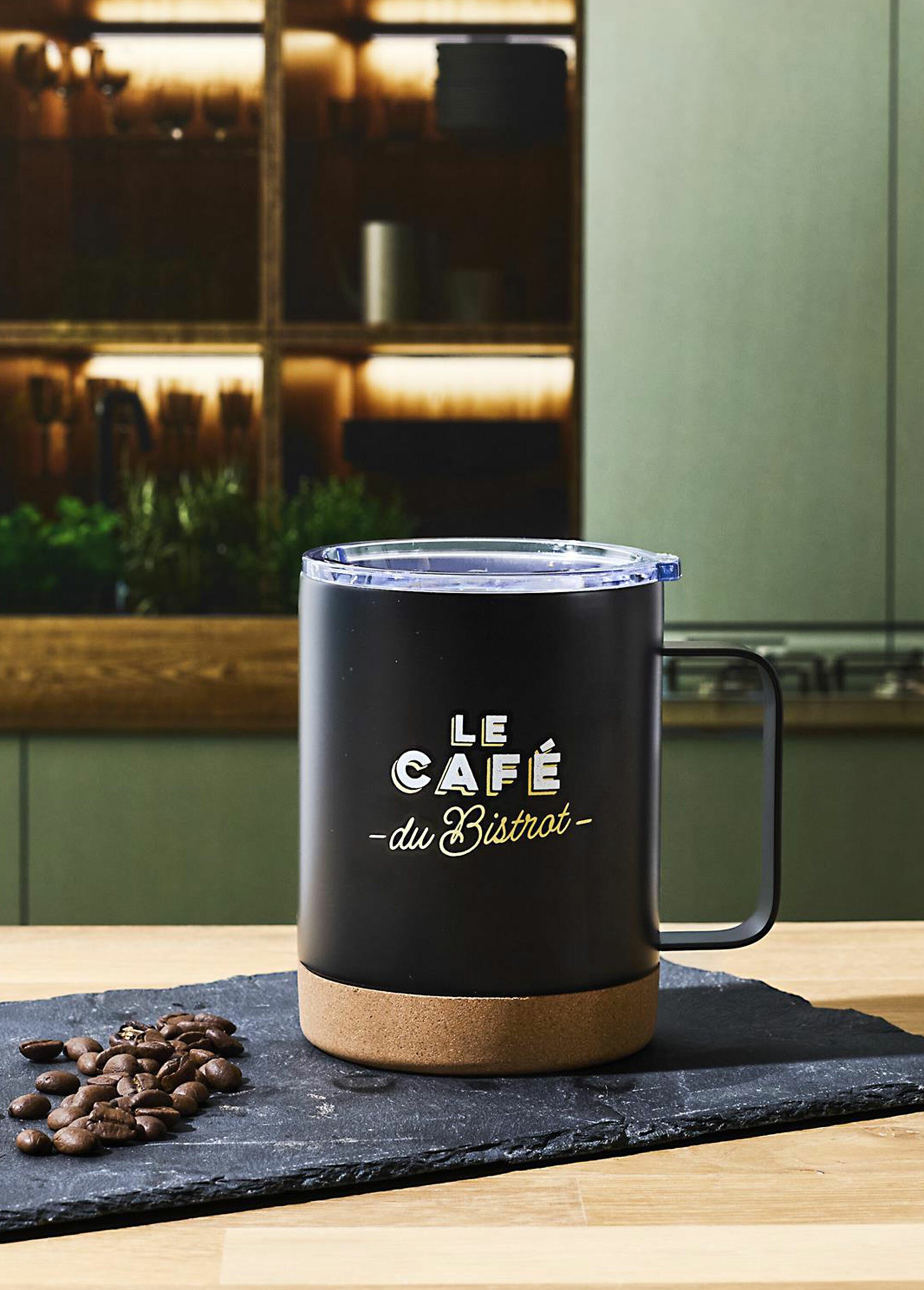 Mug de transport isolant, base liège Noir CMP-KA0617 SI1