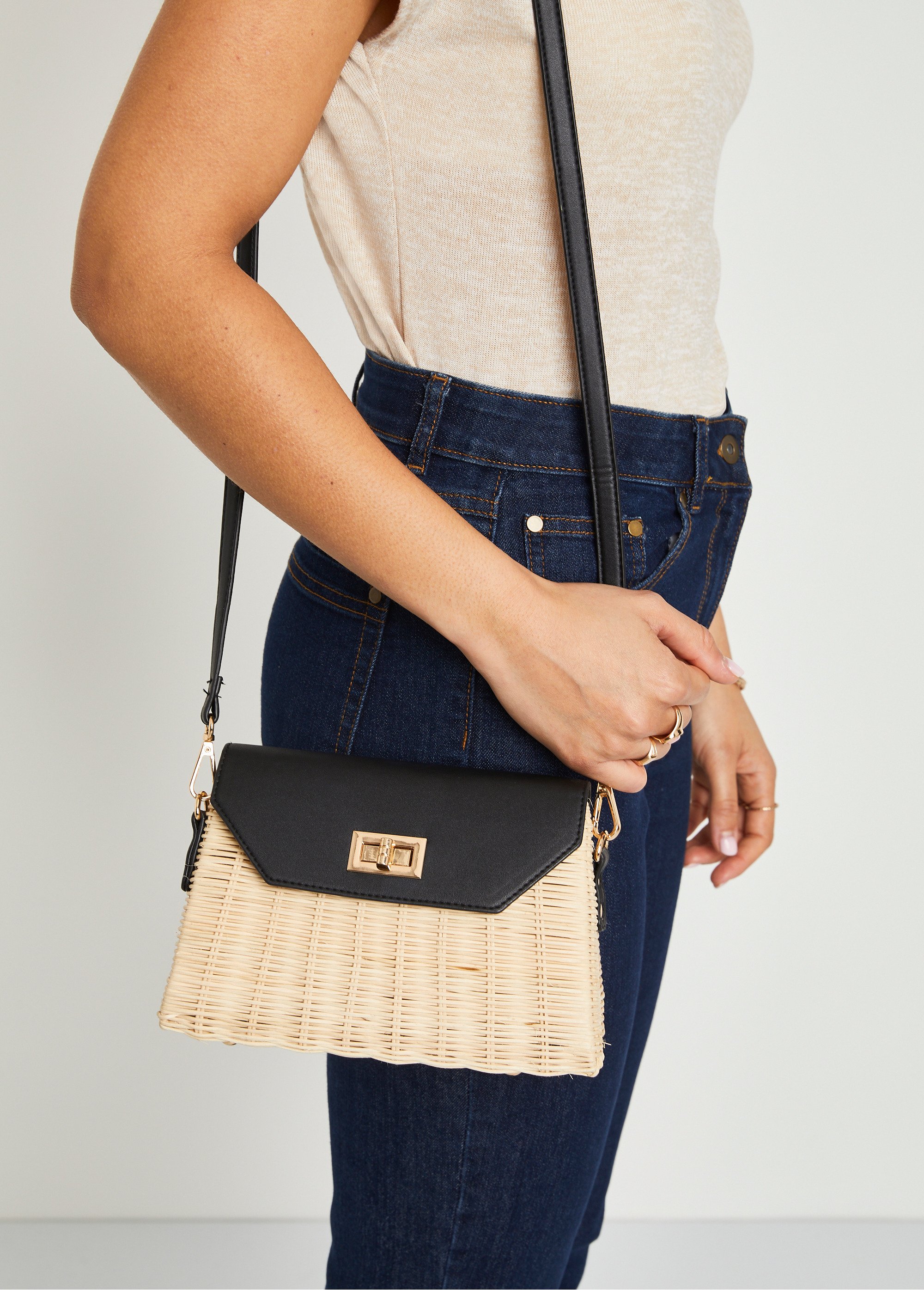 Sac besace bicolore rotin tressé Femme Beige ULTRA FA3