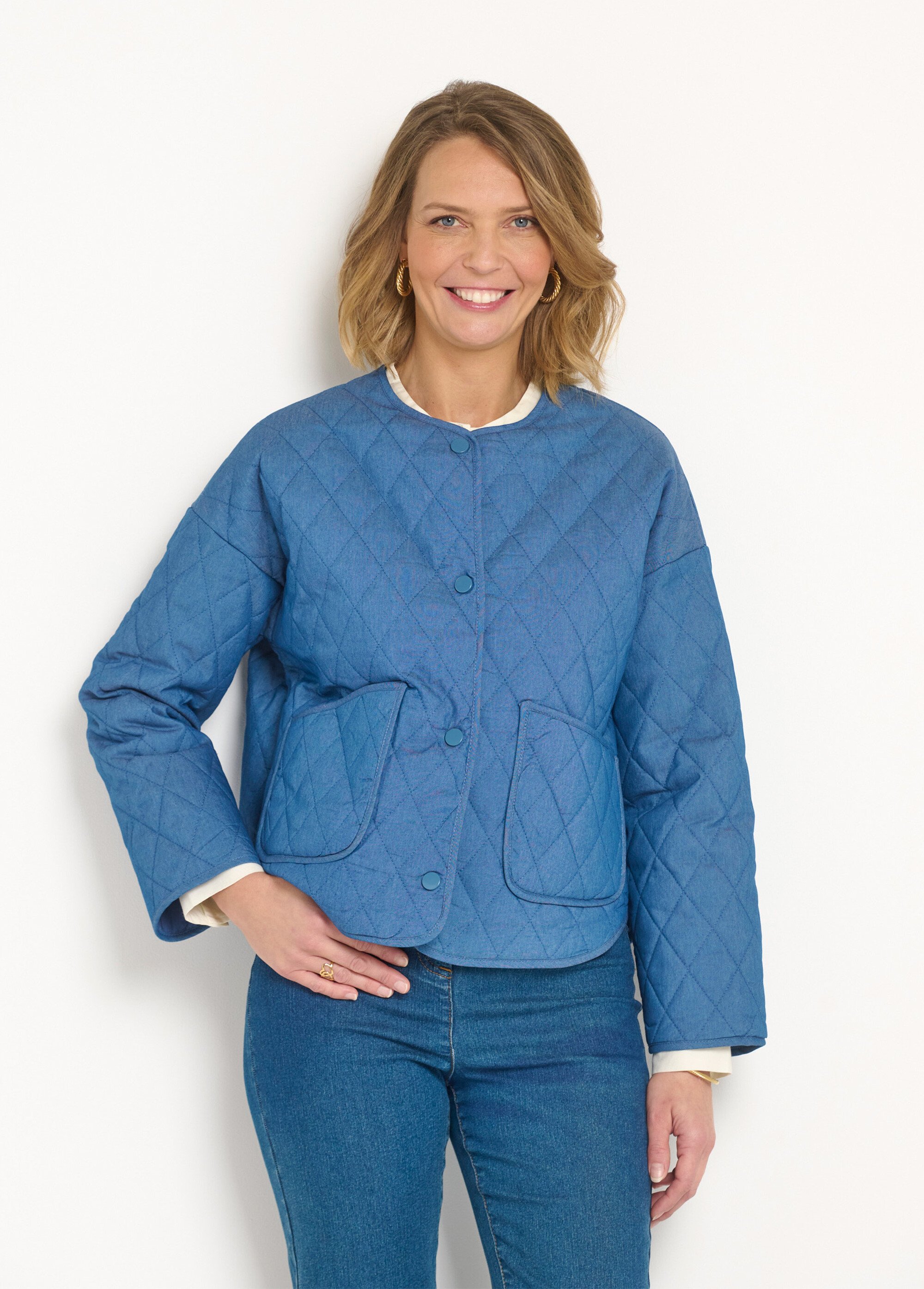 Veste matelassée à pressions en denim Femme Bleu IA-D546DEN FA2
