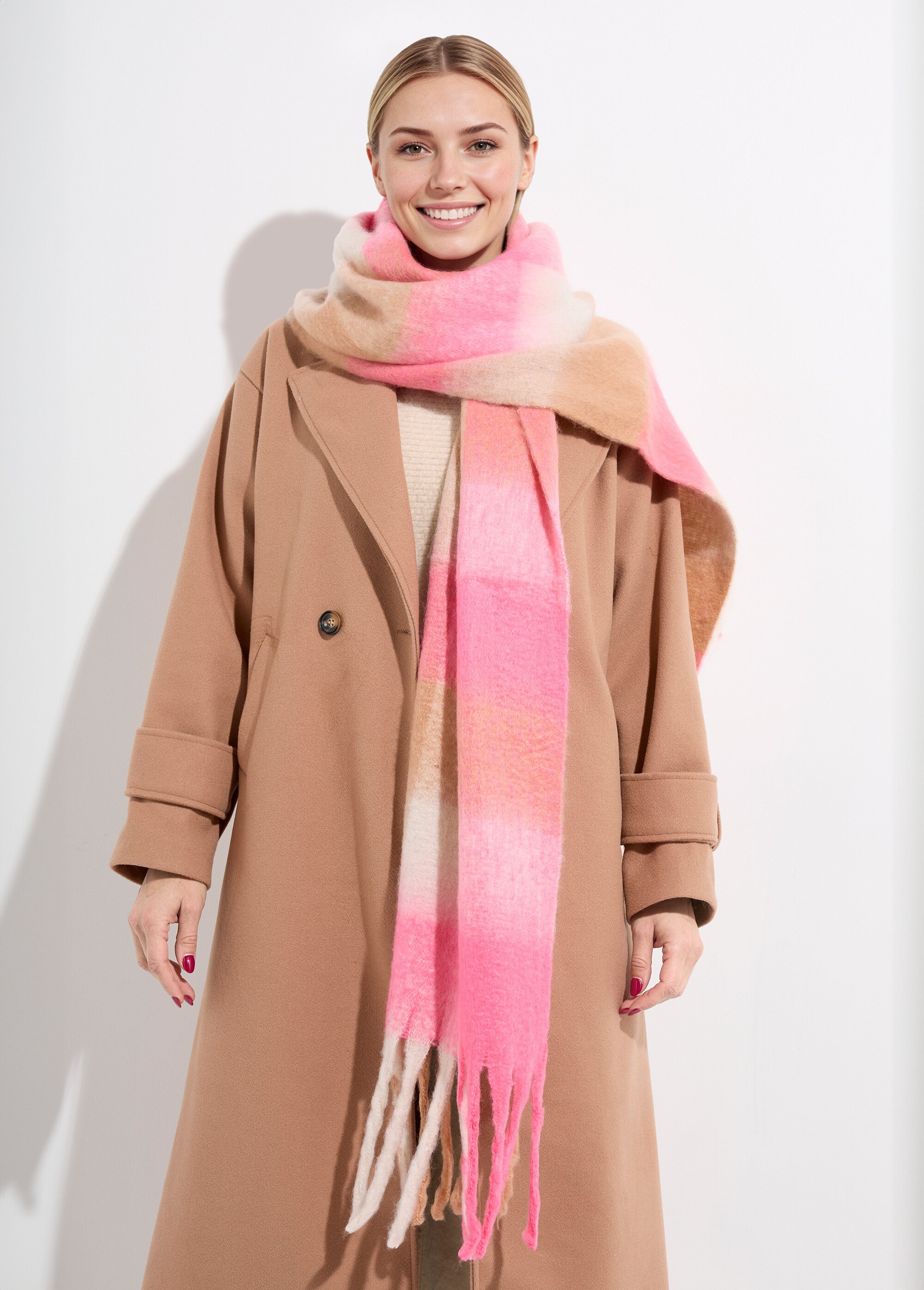 Echarpe XXL carreaux et grosses franges Femme Rose NES180LSW2516 FA1