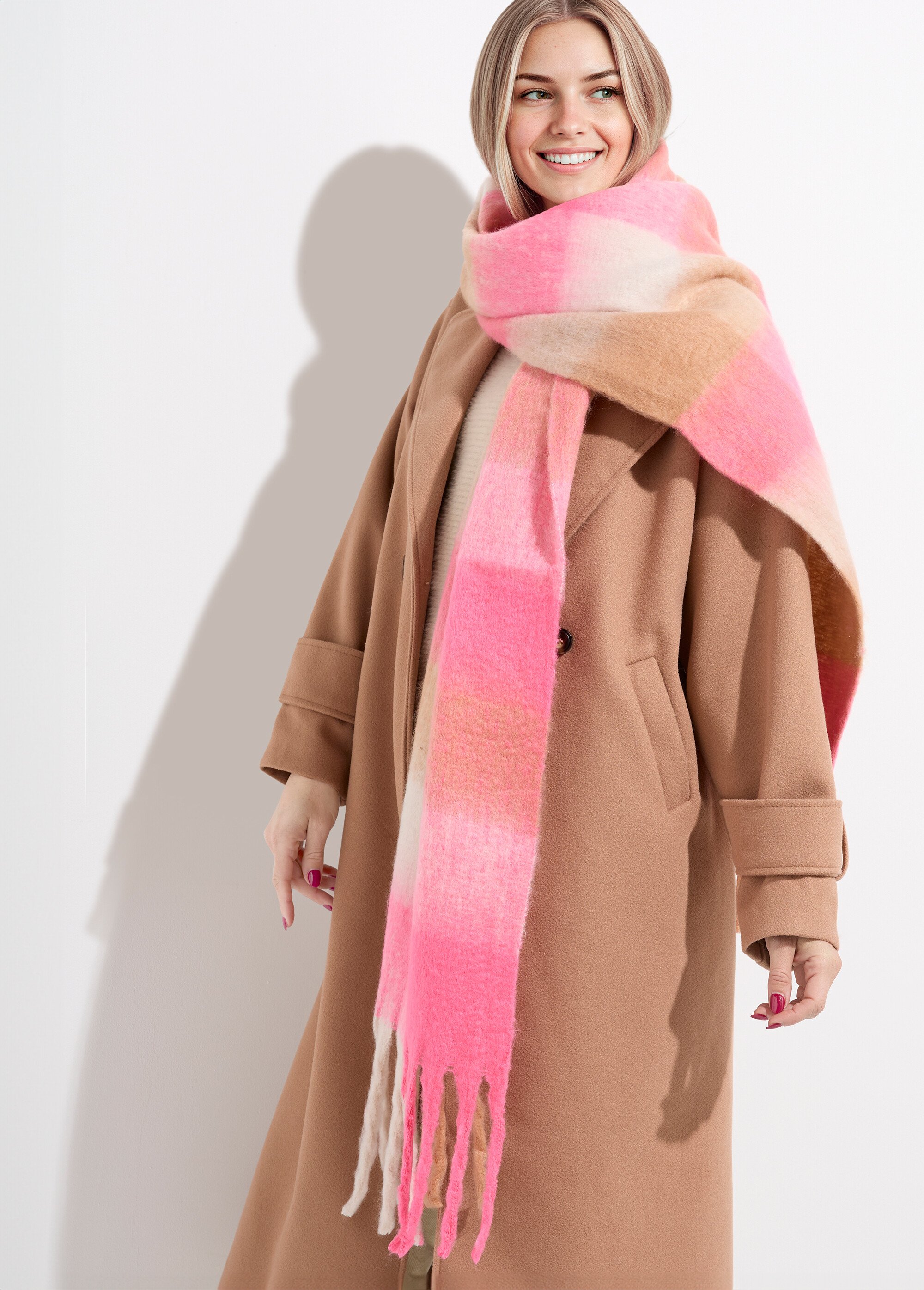 Echarpe XXL carreaux et grosses franges Femme Rose NES180LSW2516 MV1