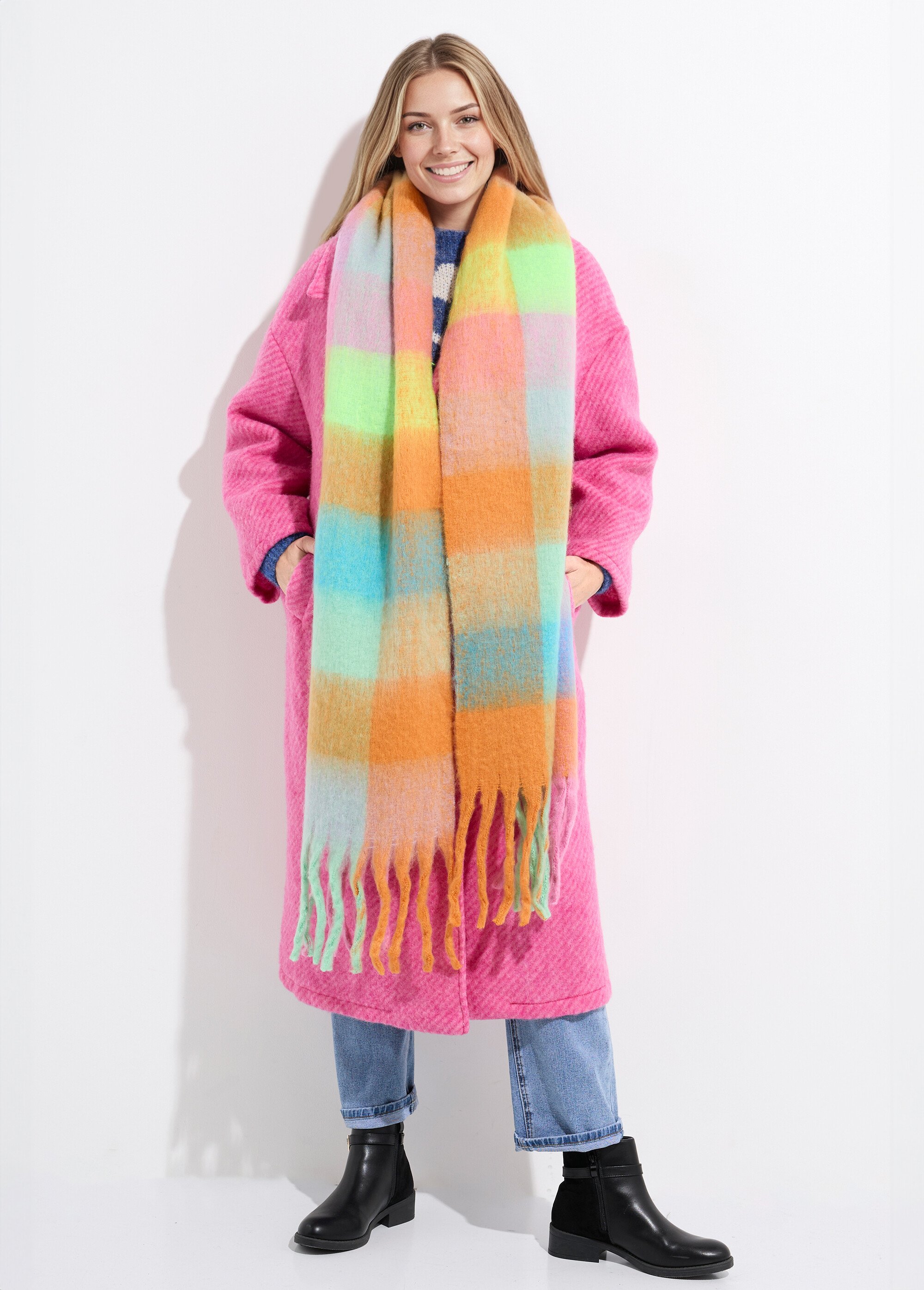 Echarpe XXL carreaux et grosses franges Femme Orange NES180LSW2516 FA1