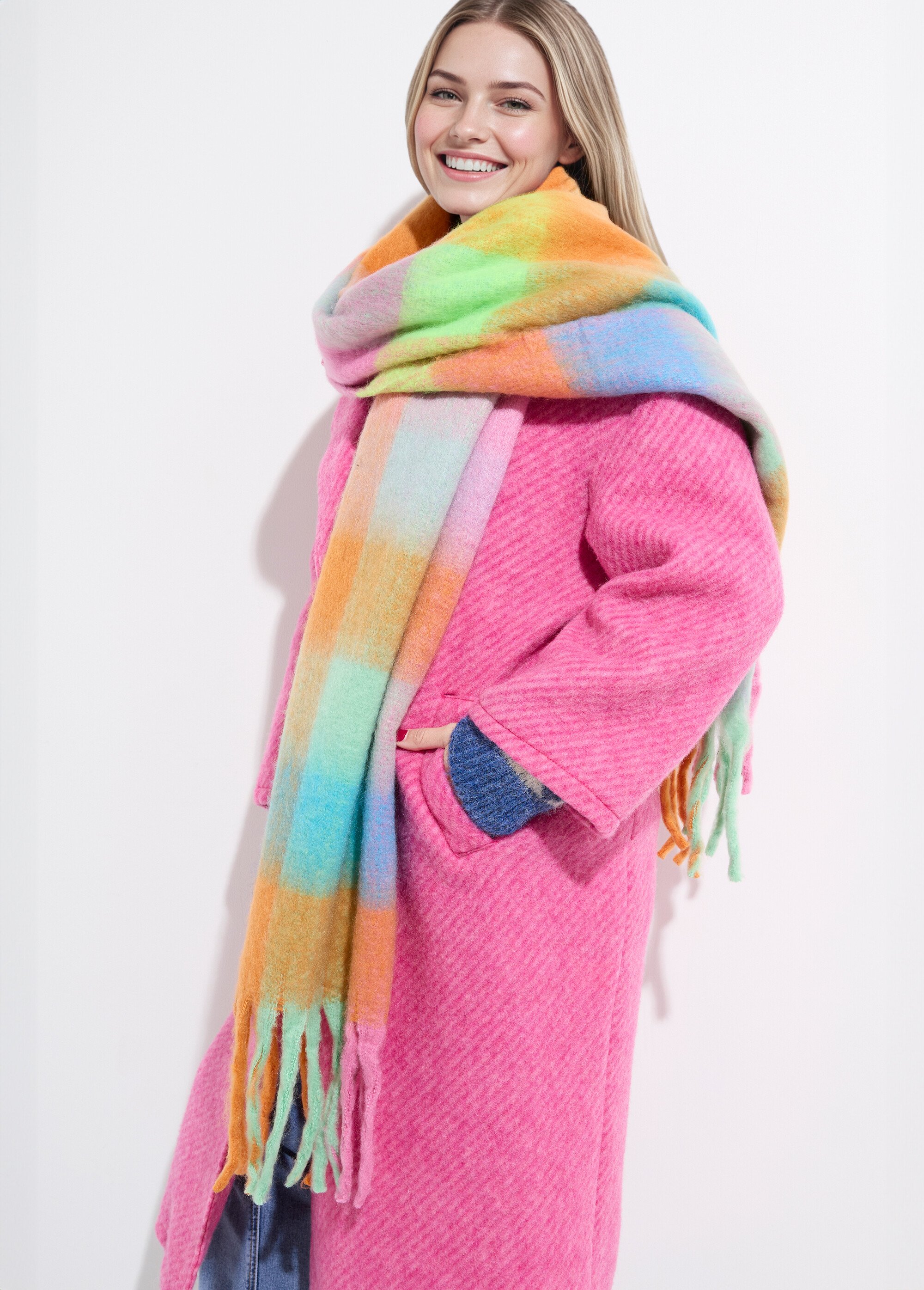 Echarpe XXL carreaux et grosses franges Femme Orange NES180LSW2516 MV1