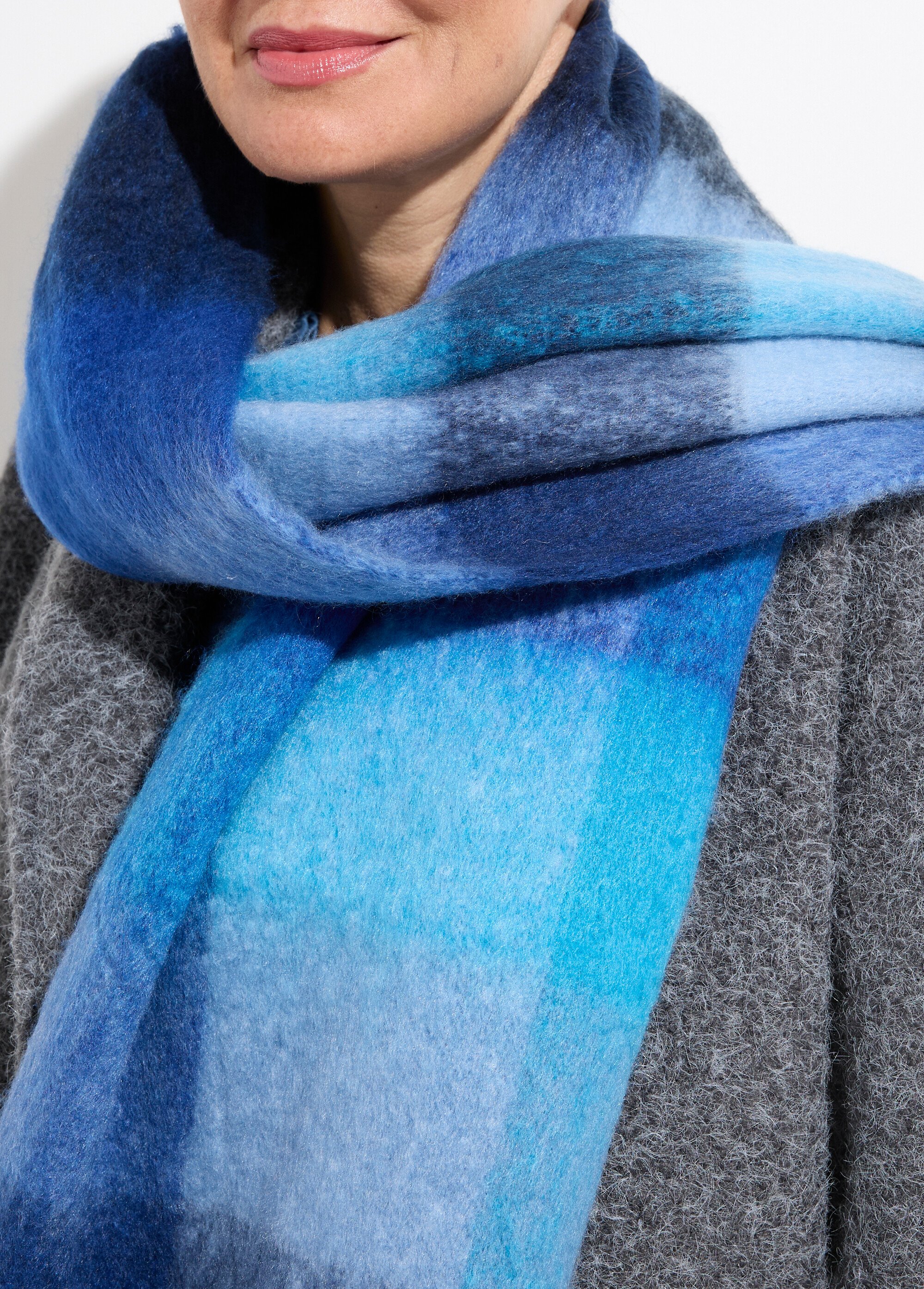 Echarpe XXL carreaux et grosses franges Femme Bleu NES180LSW2516 DE1