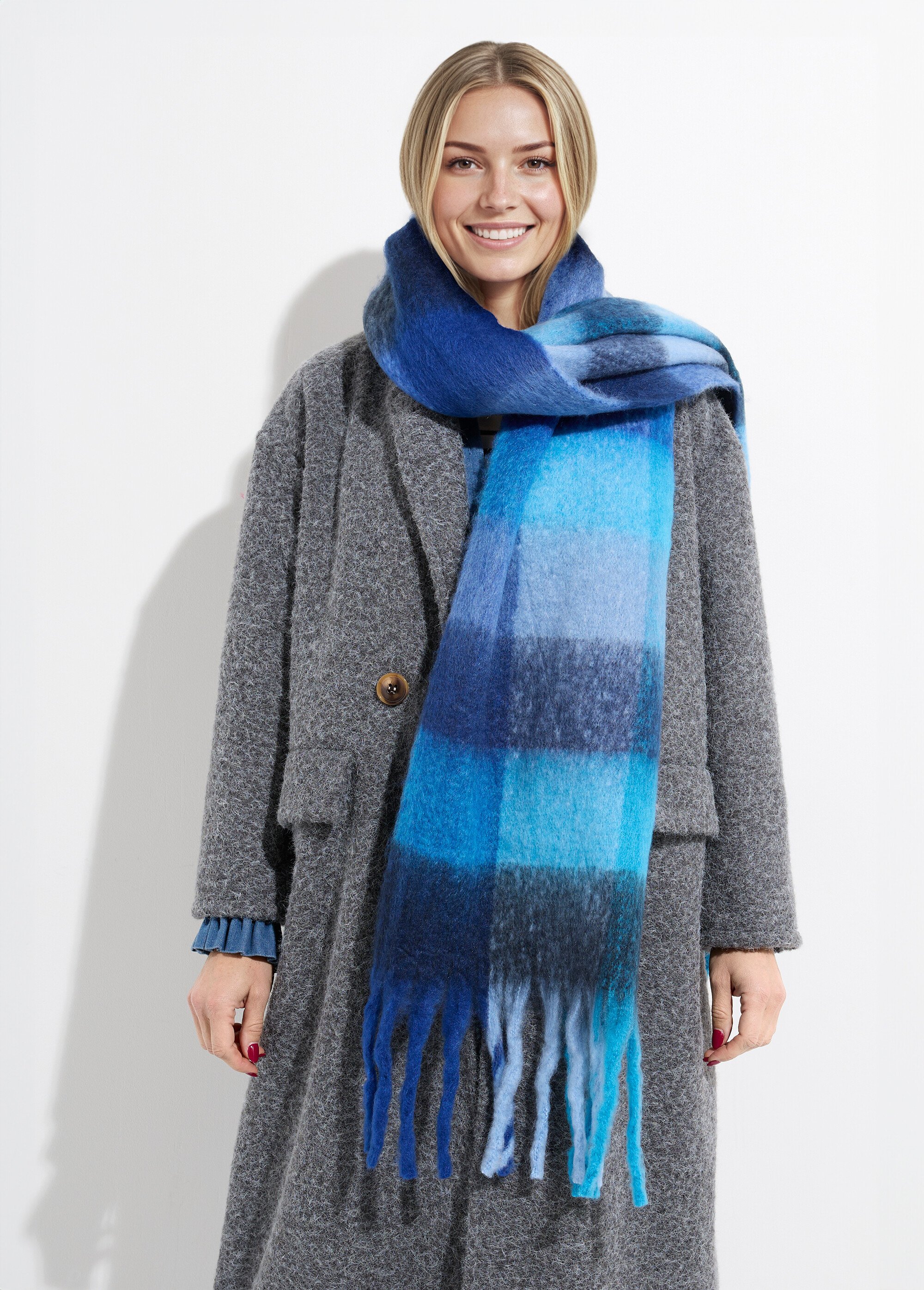 Echarpe XXL carreaux et grosses franges Femme Bleu NES180LSW2516 FA1