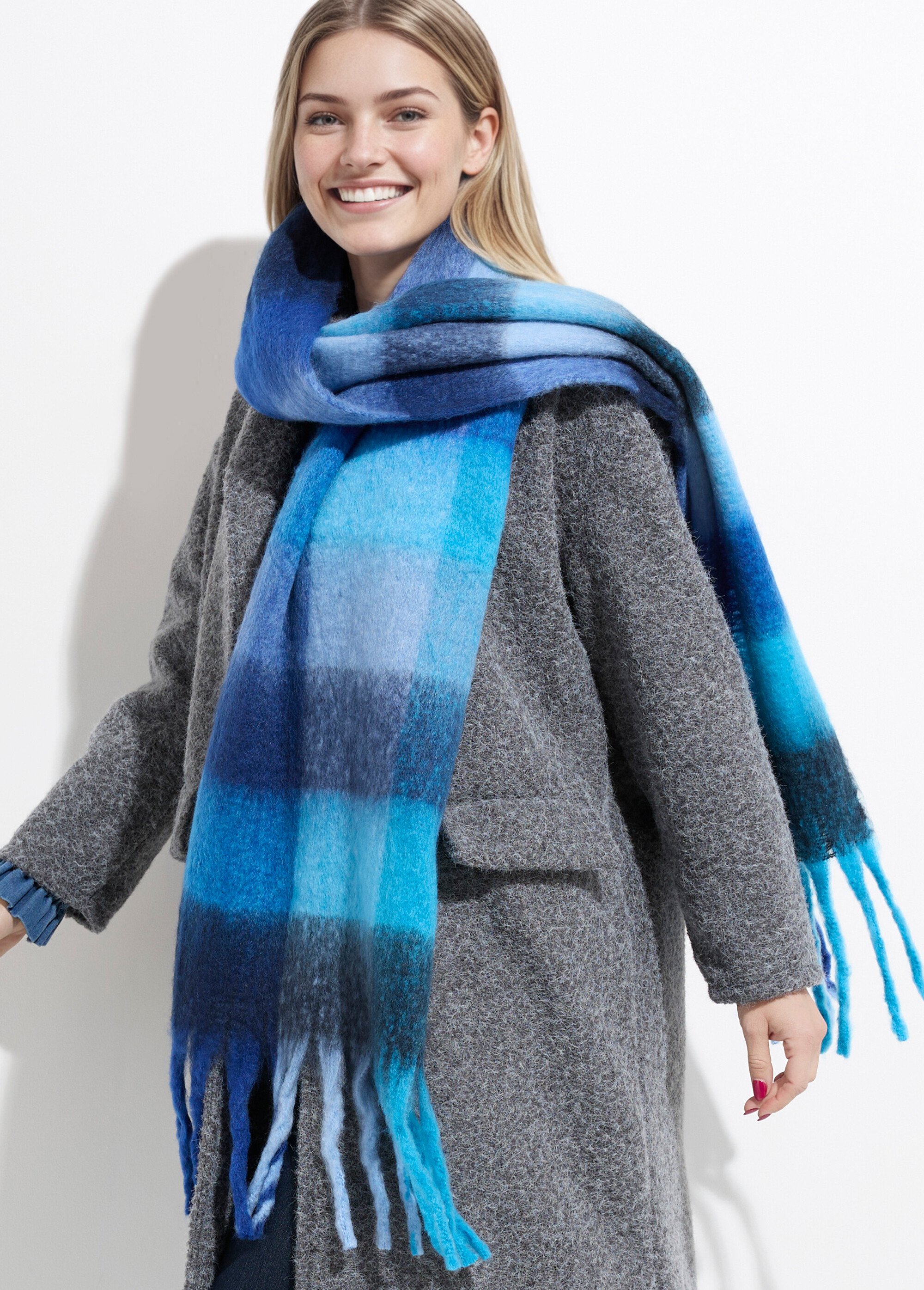 Echarpe XXL carreaux et grosses franges Femme Bleu NES180LSW2516 MV1