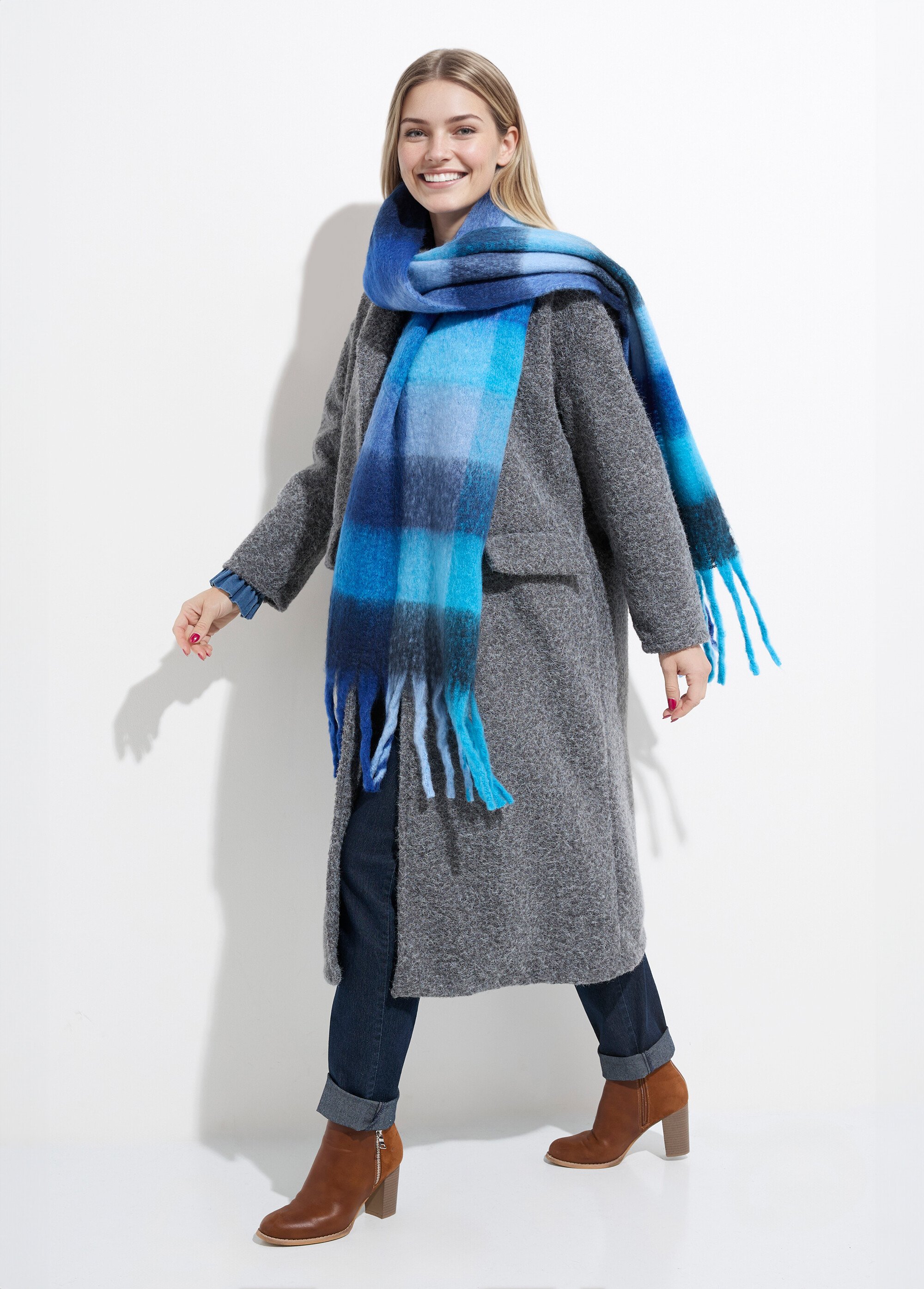 Echarpe XXL carreaux et grosses franges Femme Bleu NES180LSW2516 SI1