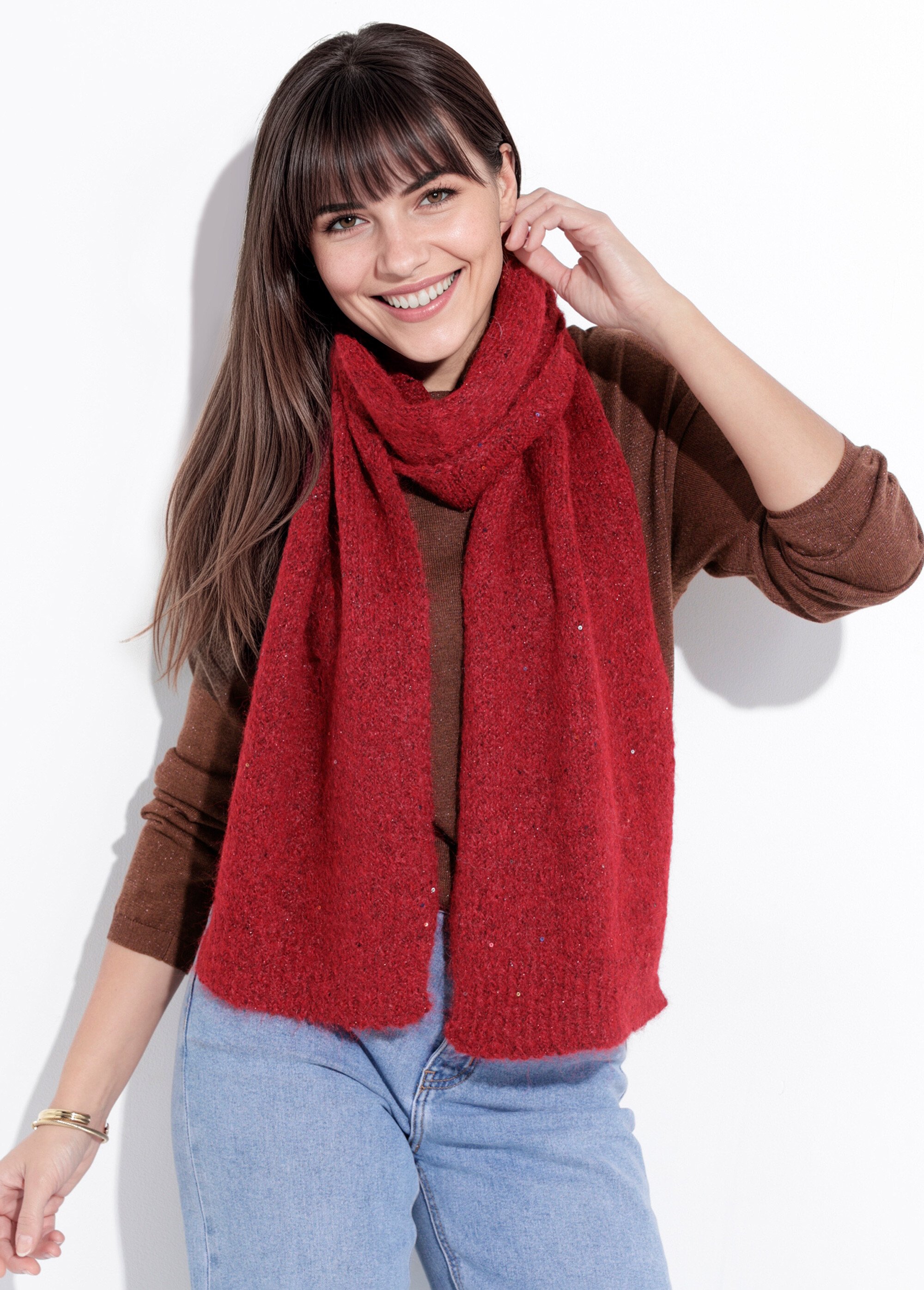 Echarpe chaud maille brillante à sequins Femme Rouge NES180LSW2523 MV1