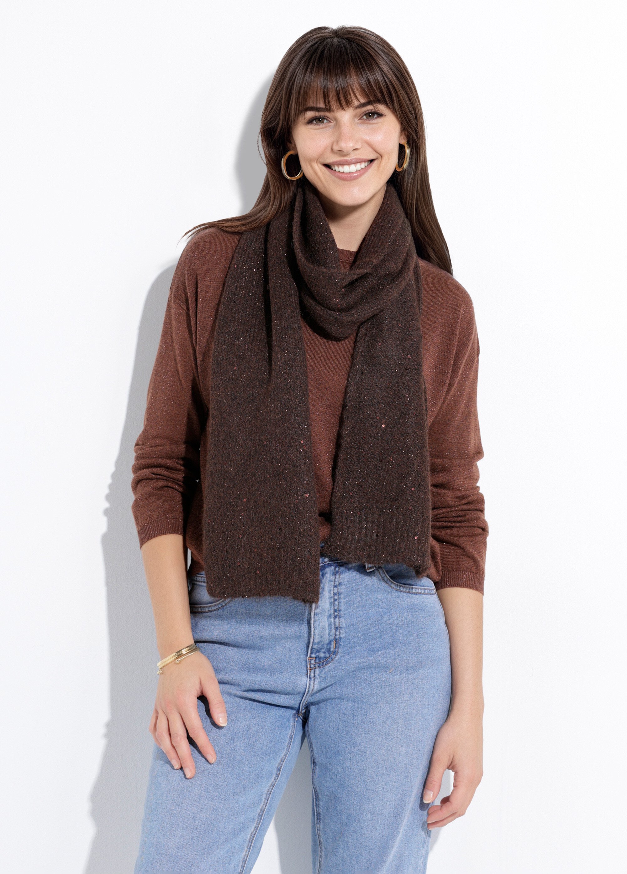 Echarpe chaud maille brillante à sequins Femme Marron NES180LSW2523 FA1