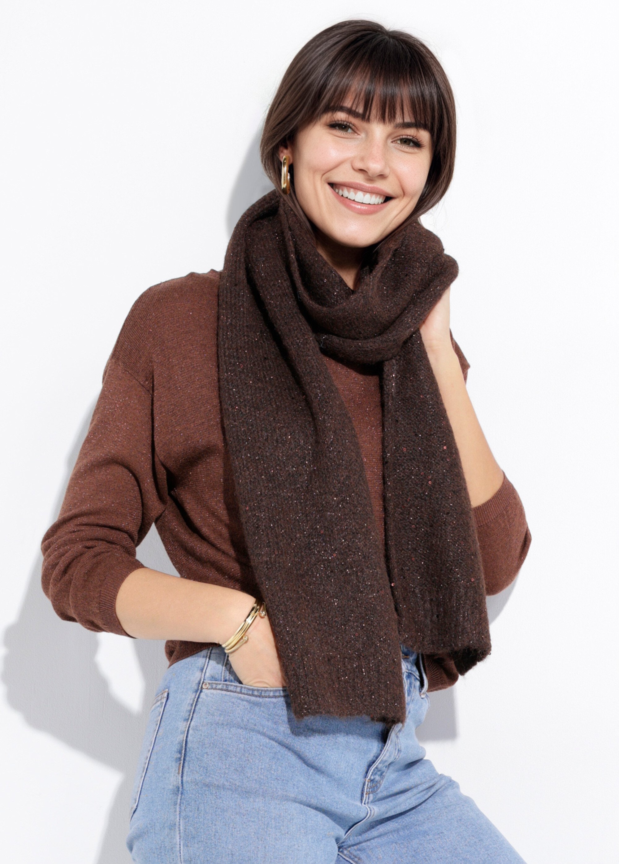 Echarpe chaud maille brillante à sequins Femme Marron NES180LSW2523 MV1