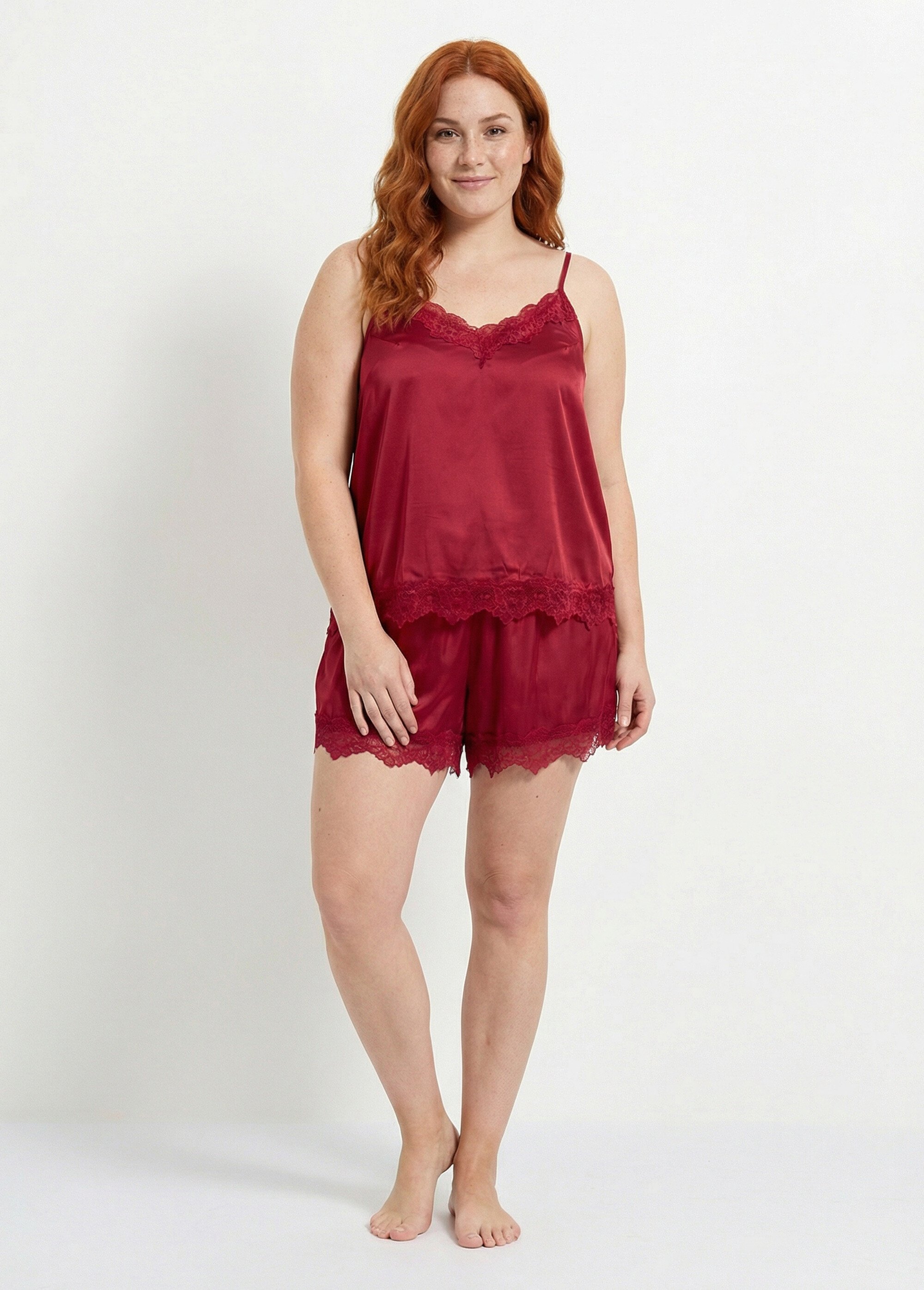 Ensemble top + short satin et dentelle Femme Grande Taille Rouge H-NT081 FA1