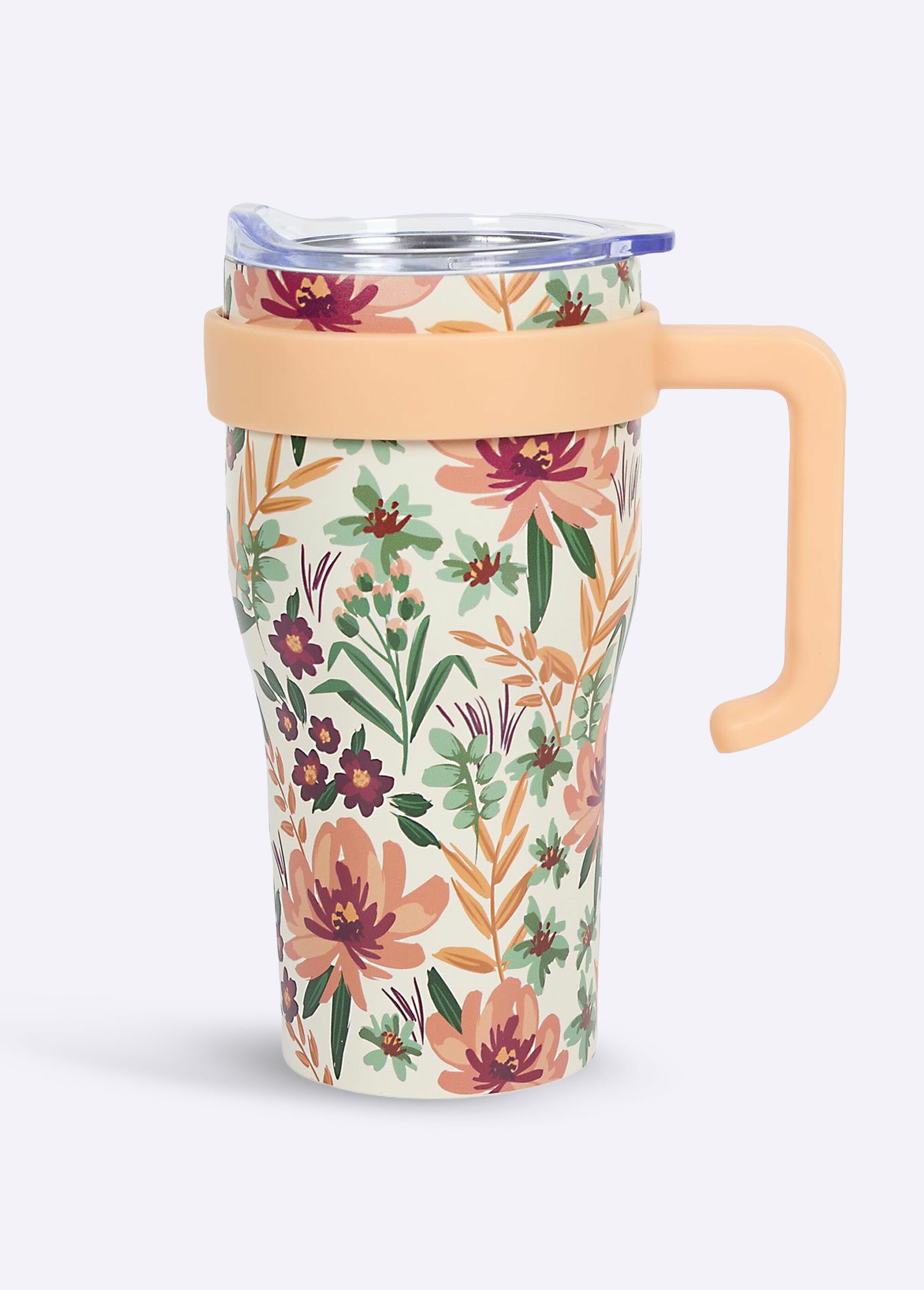 Mug de transport 0,6L floral avec paille Beige CMP-KA0670 FA1