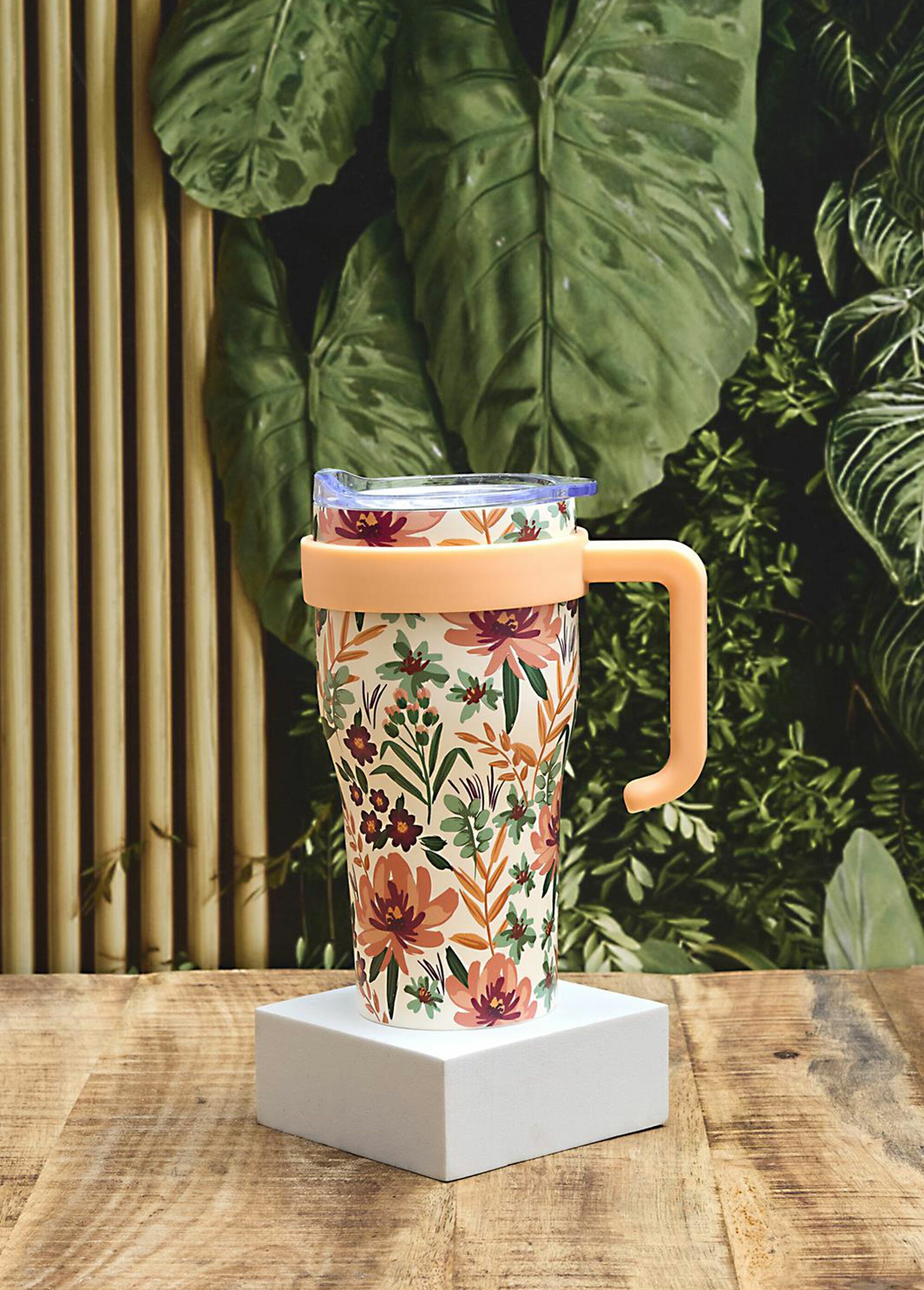 Mug de transport 0,6L floral avec paille Beige CMP-KA0670 SI1