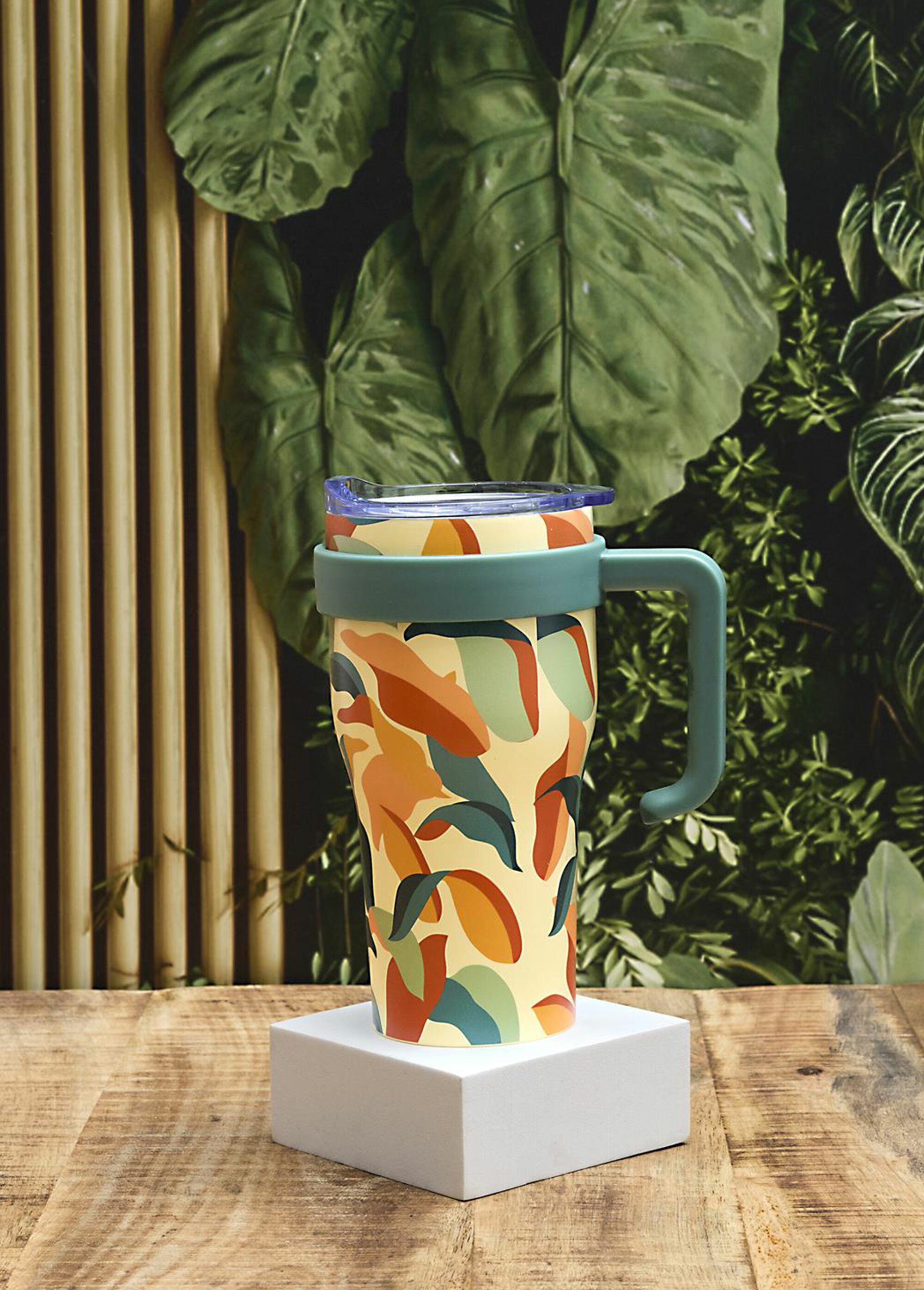 Mug de transport 0,6L floral avec paille Bleu CMP-KA0670 SI1