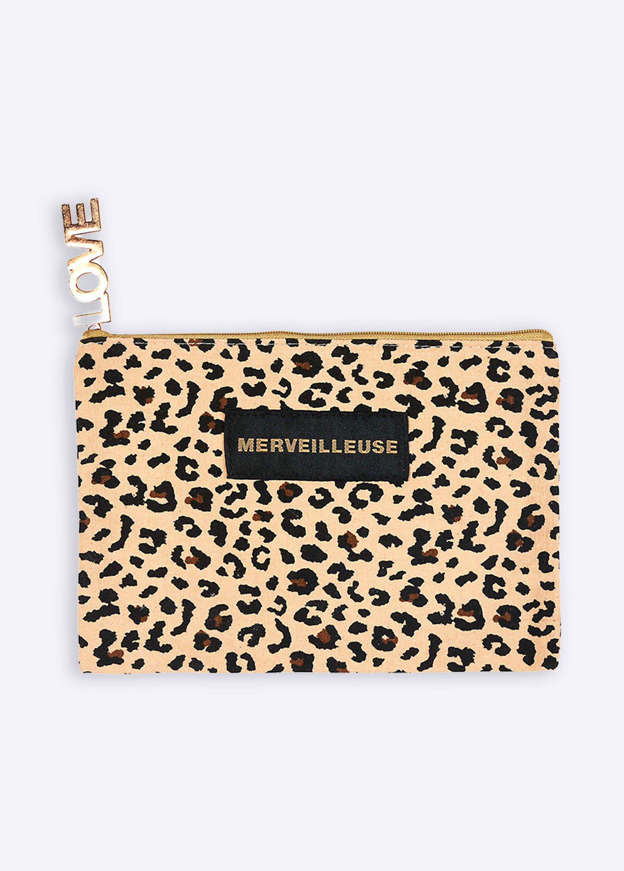 Pochette zippée à message motif léopard Femme Beige CMP-SH8533 FA1