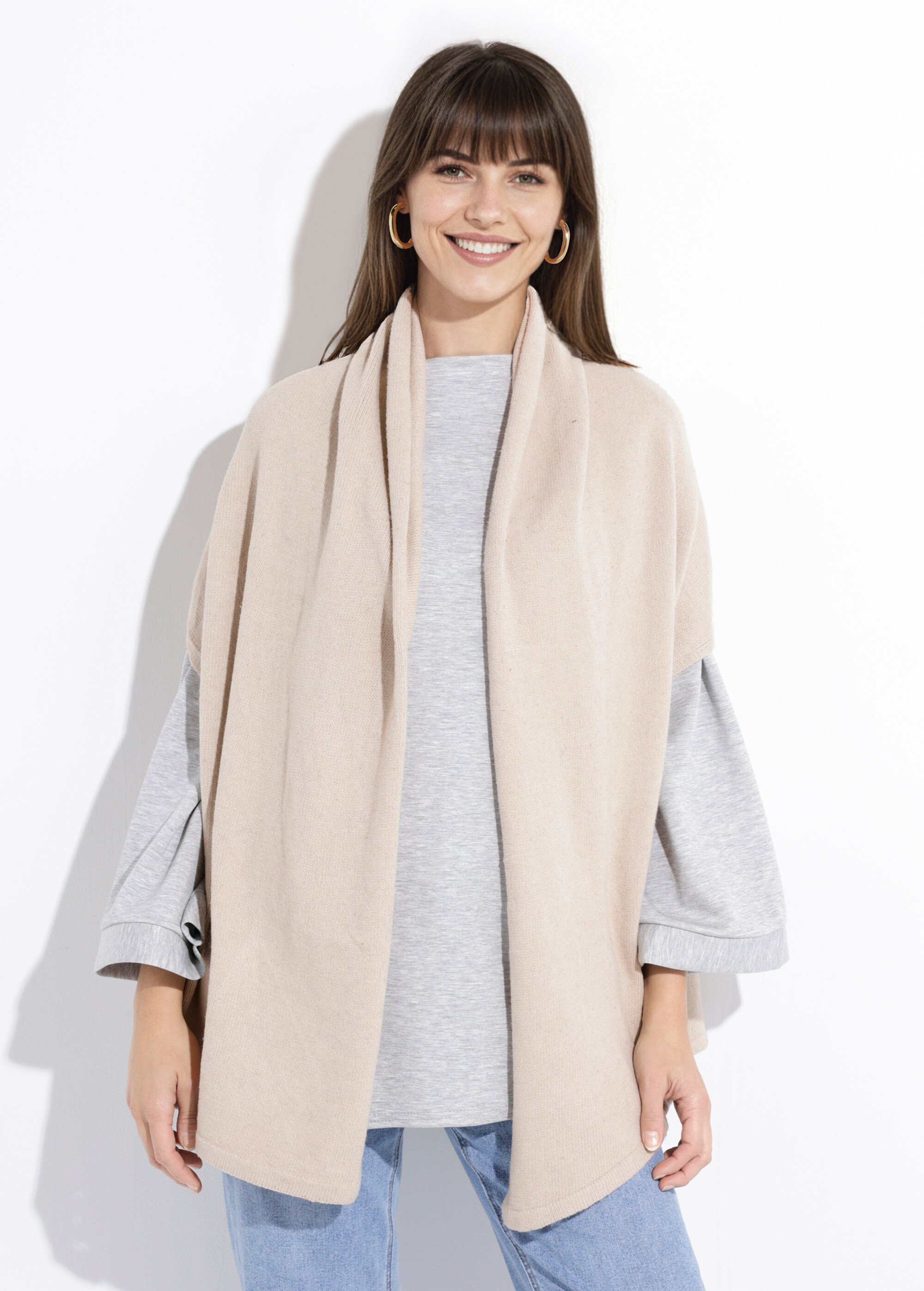 Poncho cape chaud maille avec laine Femme Beige NES180POW2502 FA1