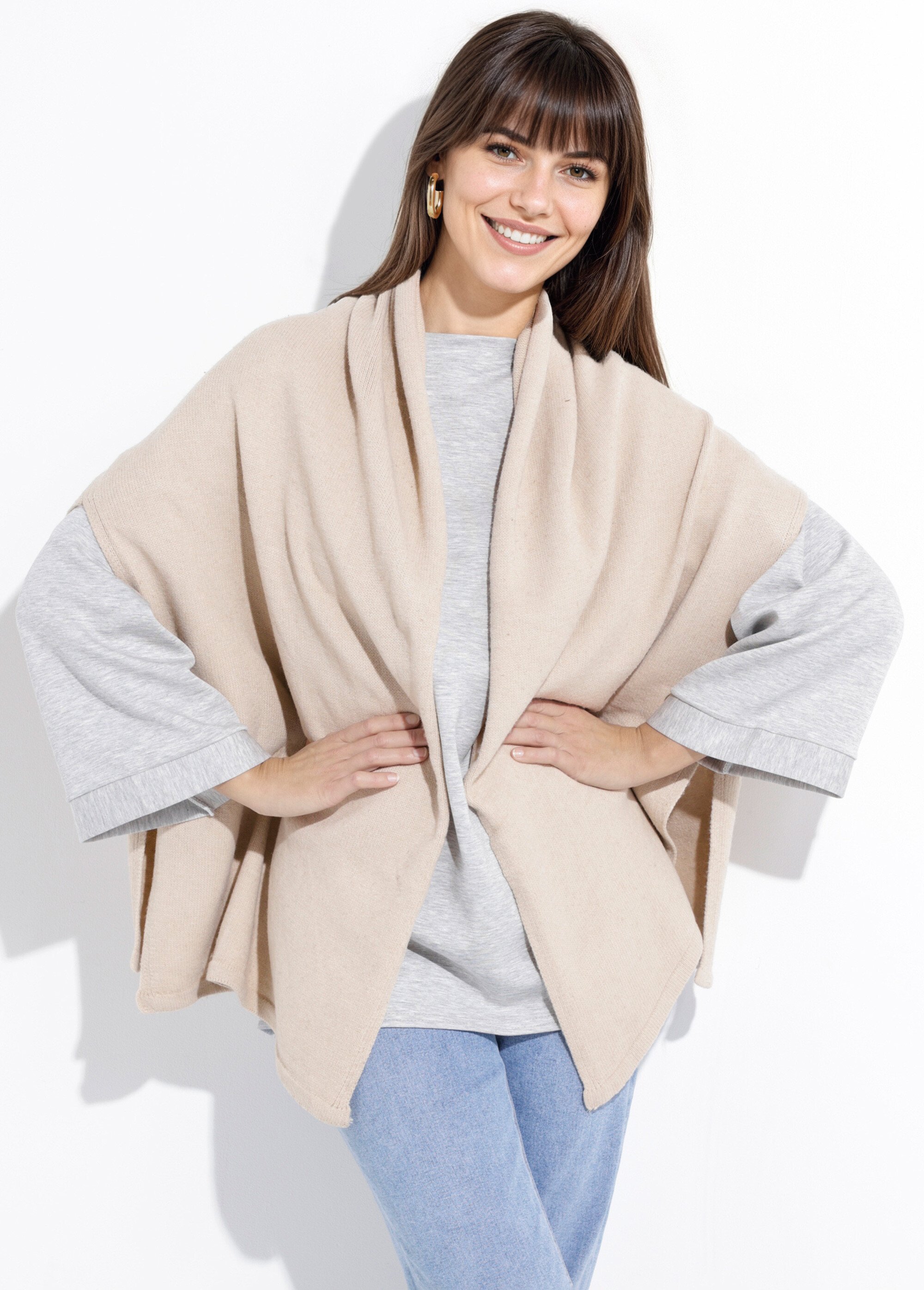 Poncho cape chaud maille avec laine Femme Beige NES180POW2502 MV1