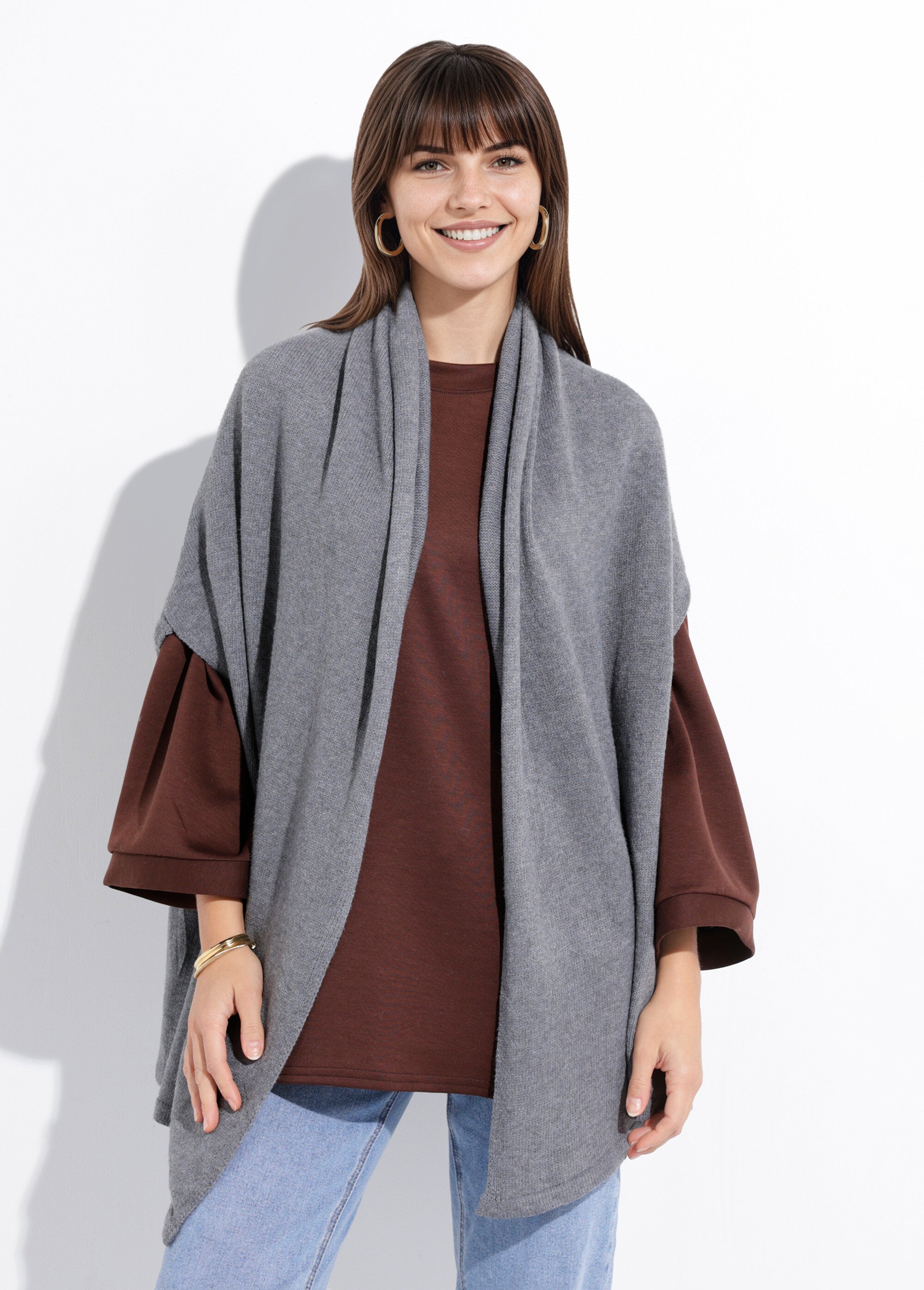 Poncho cape chaud maille avec laine Femme Gris NES180POW2502 FA1