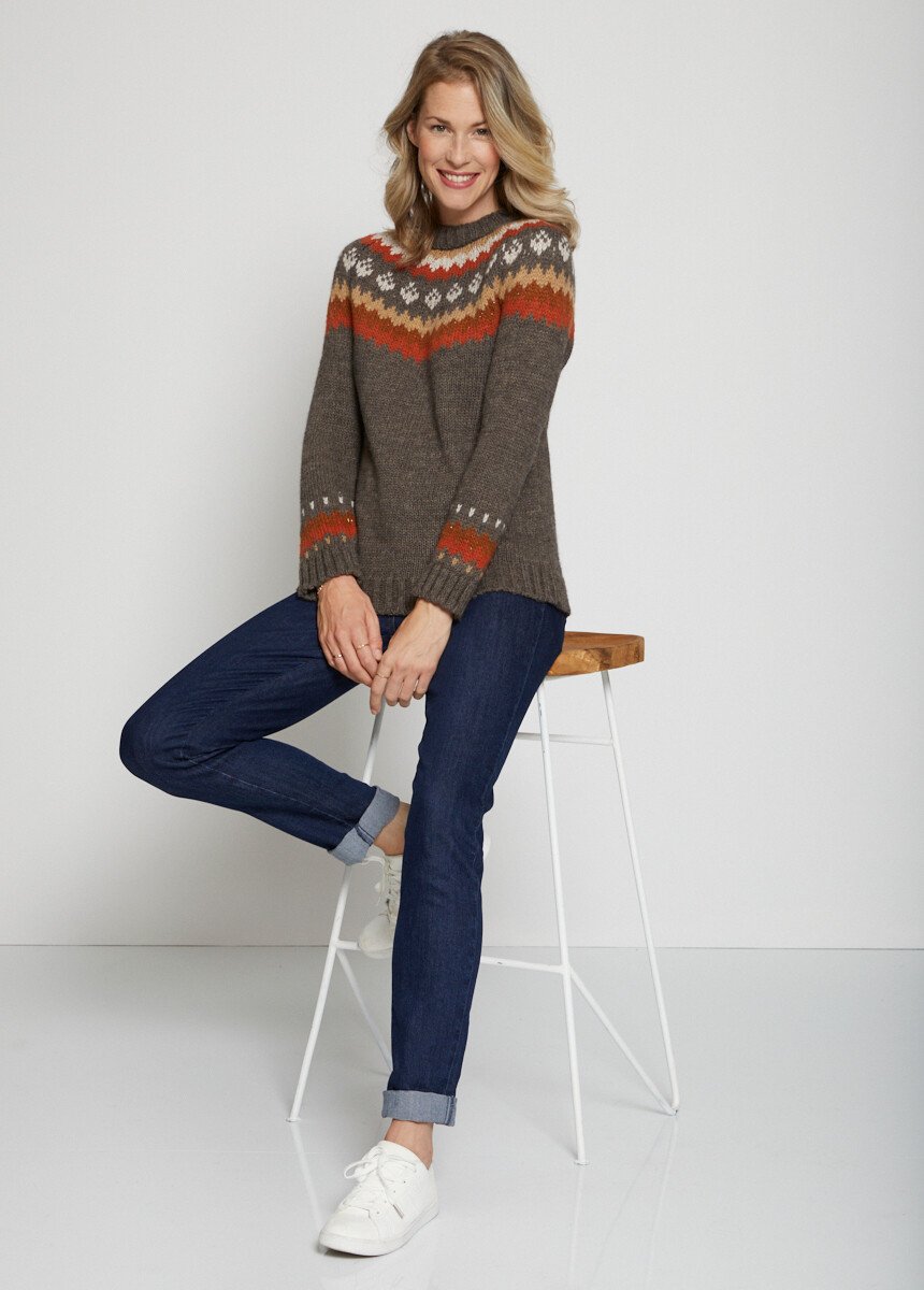Pull uni jacquard placé Femme Marron PLUMETIS SLF