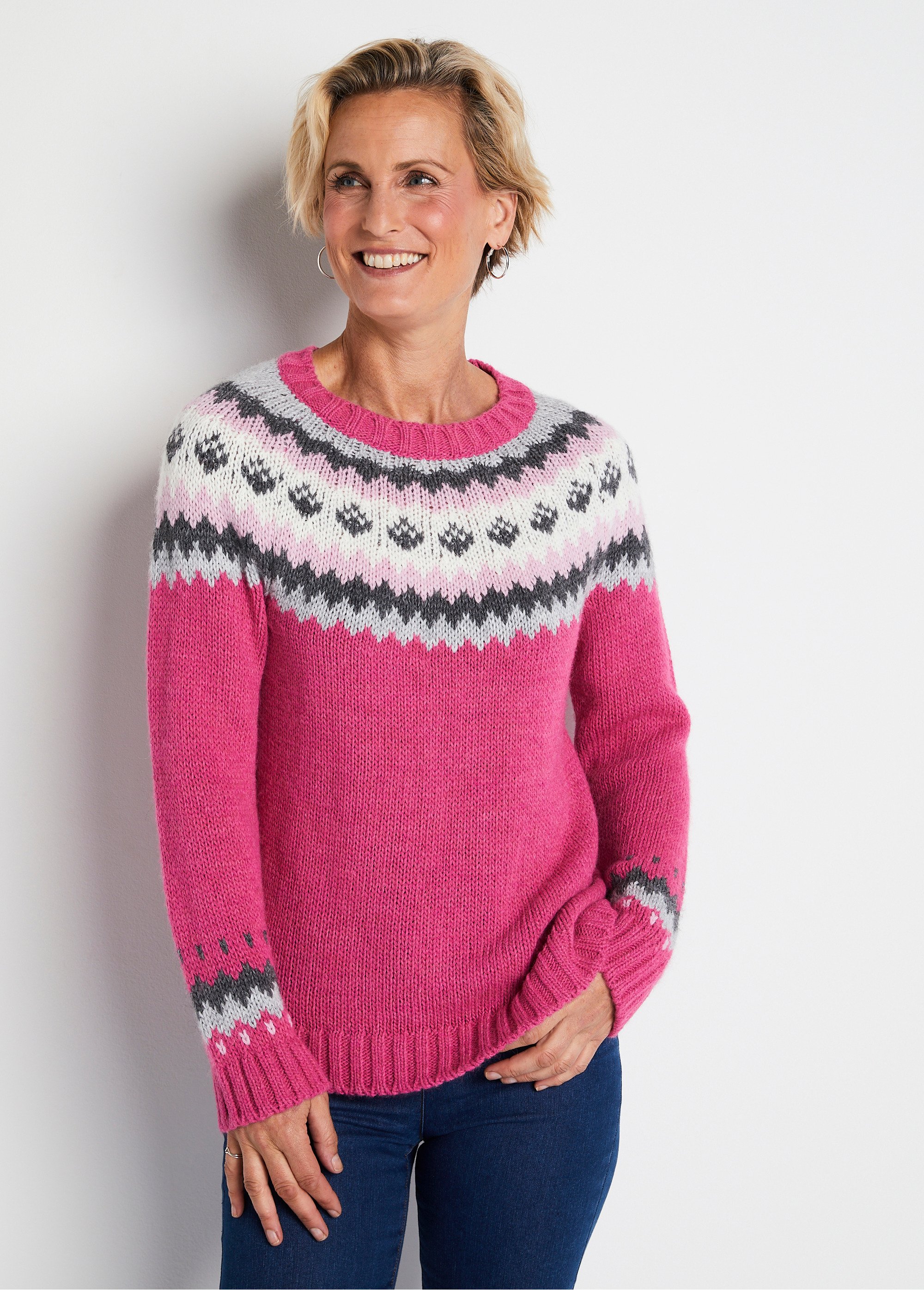 Pull uni jacquard placé