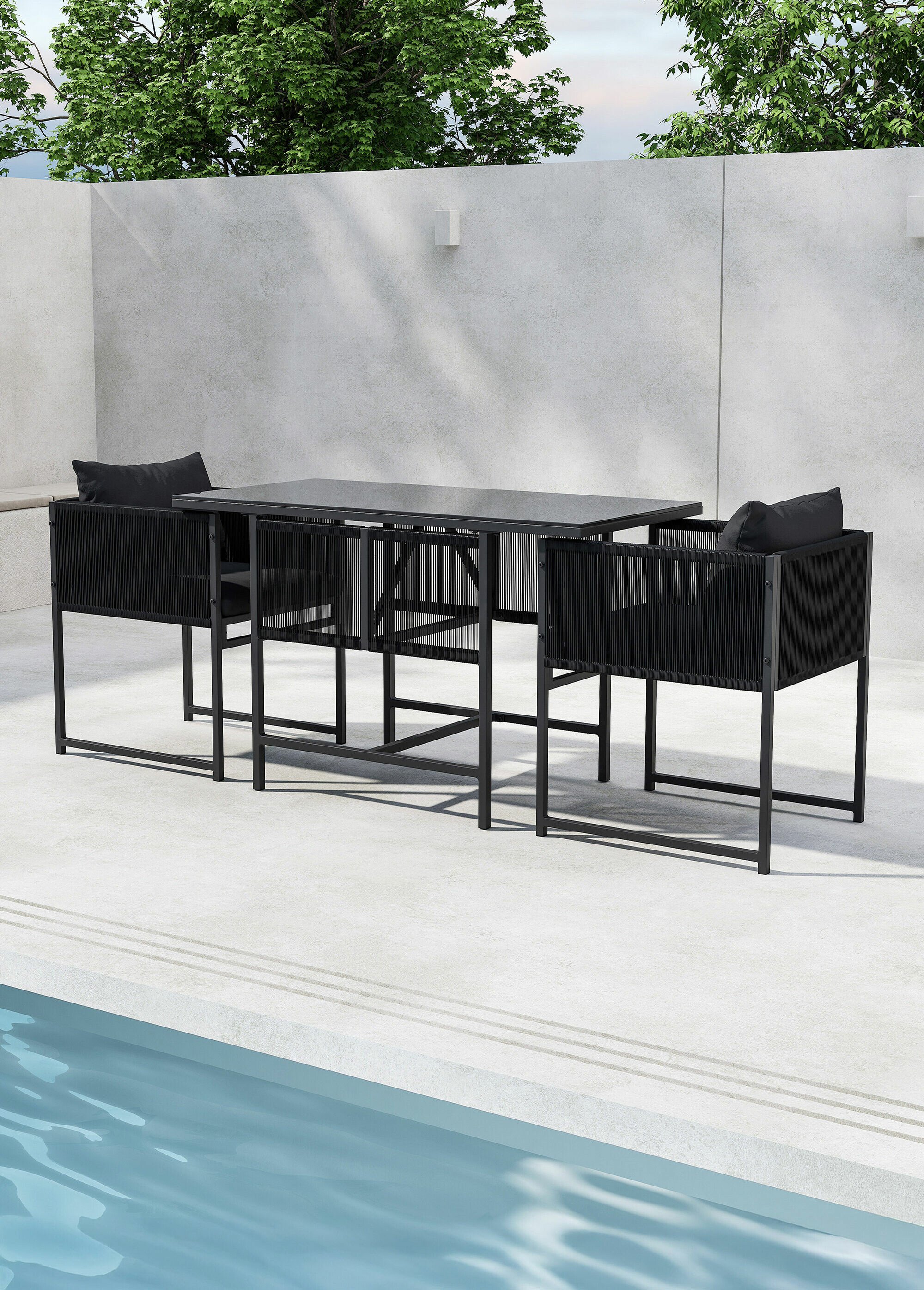 Set Table verre + 2 Fauteuils acier NOIR VEN-9787-100 SI1