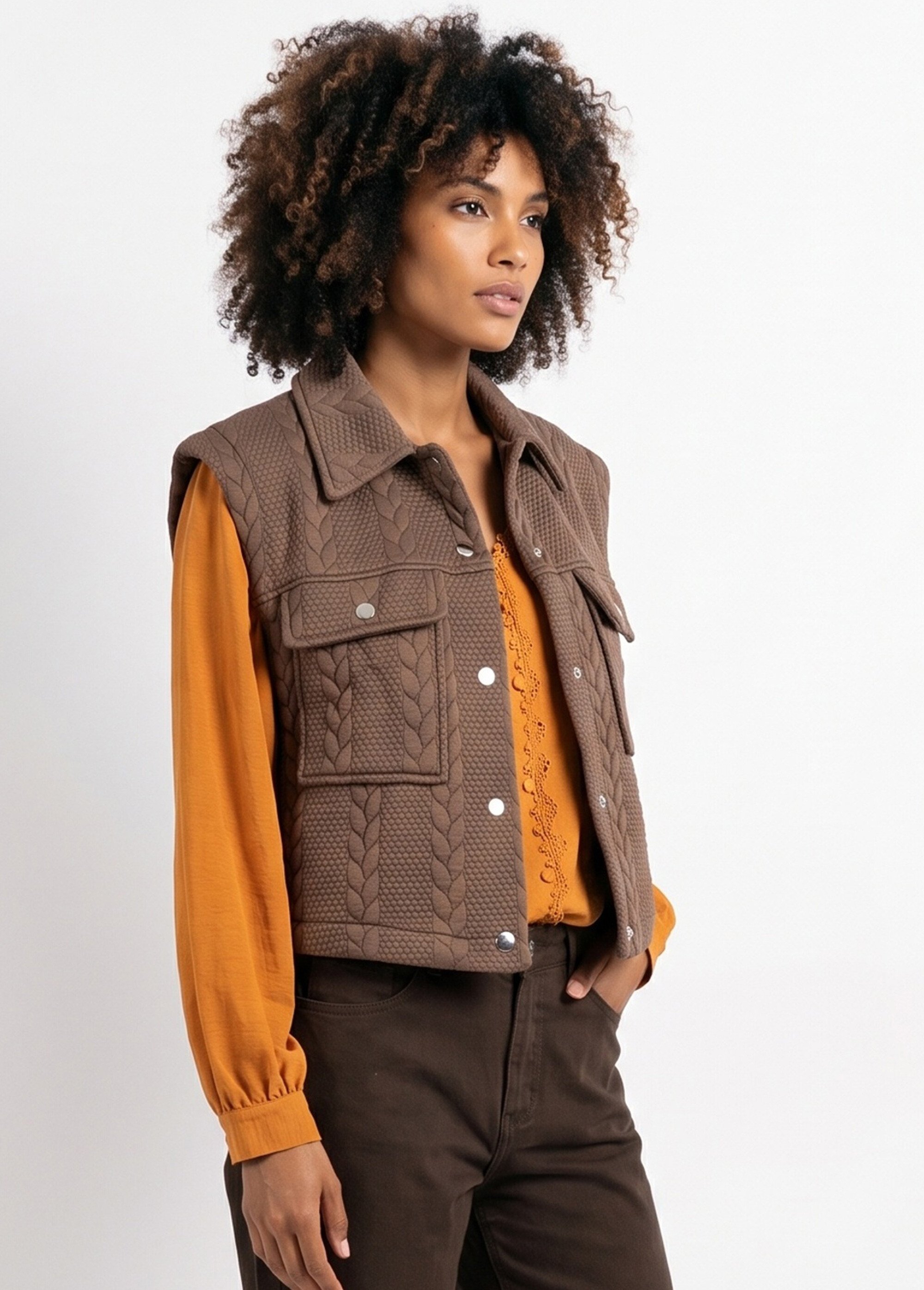 Veste sans manches maille fantaisie Femme Marron JB-A3238 DR1