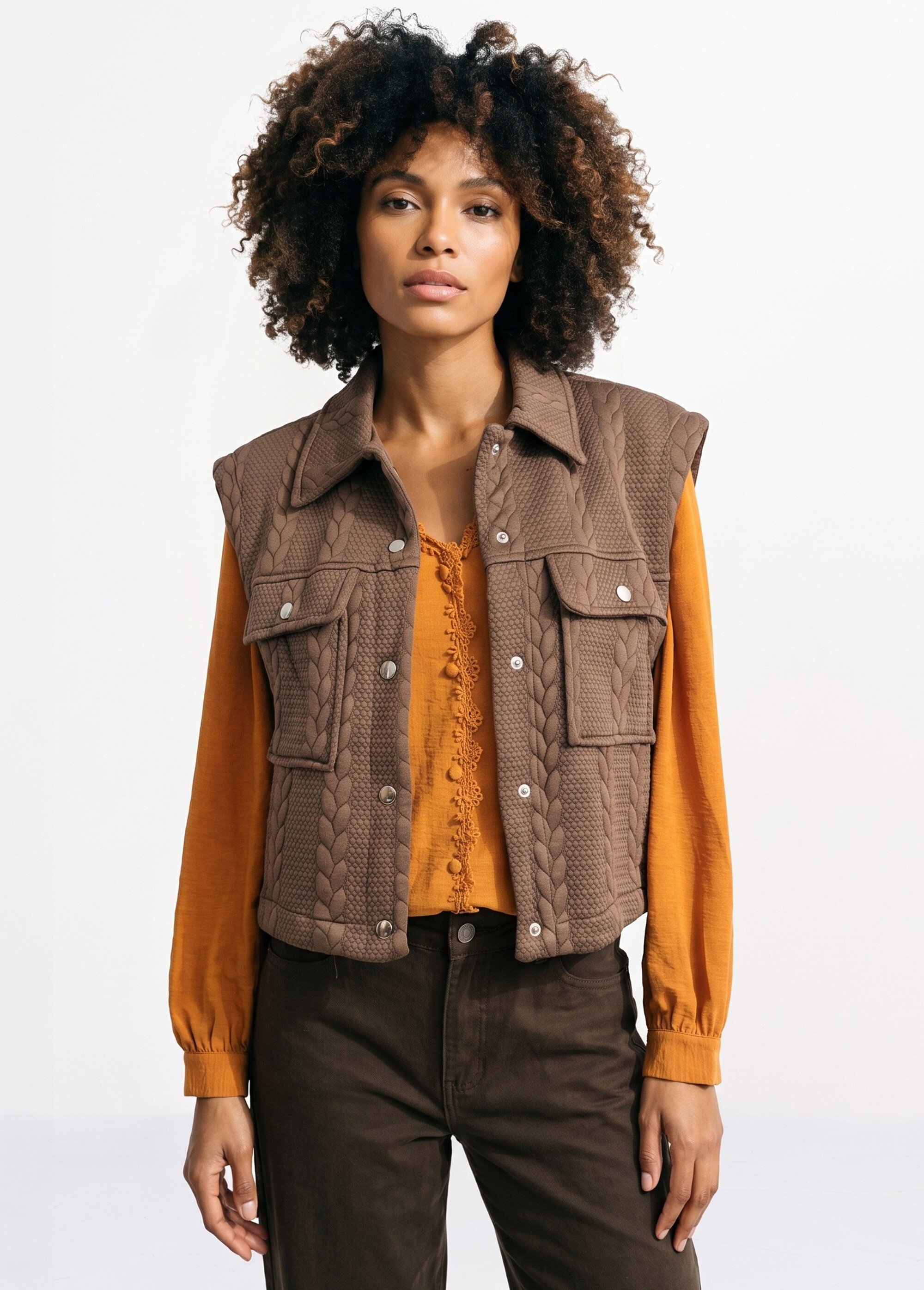 Veste sans manches maille fantaisie Femme Marron JB-A3238 FA1