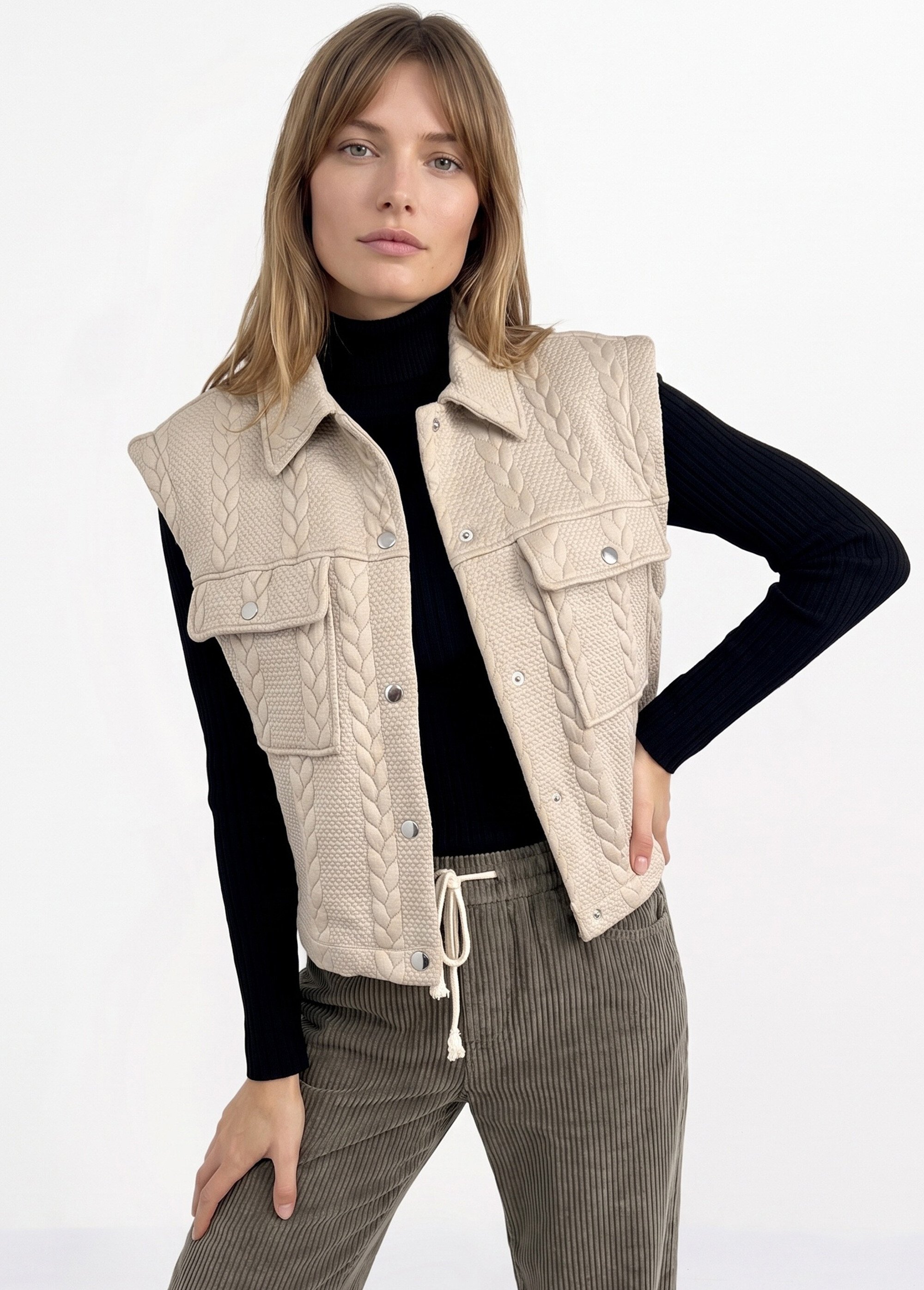 Veste sans manches maille fantaisie Femme Beige JB-A3238 MV1