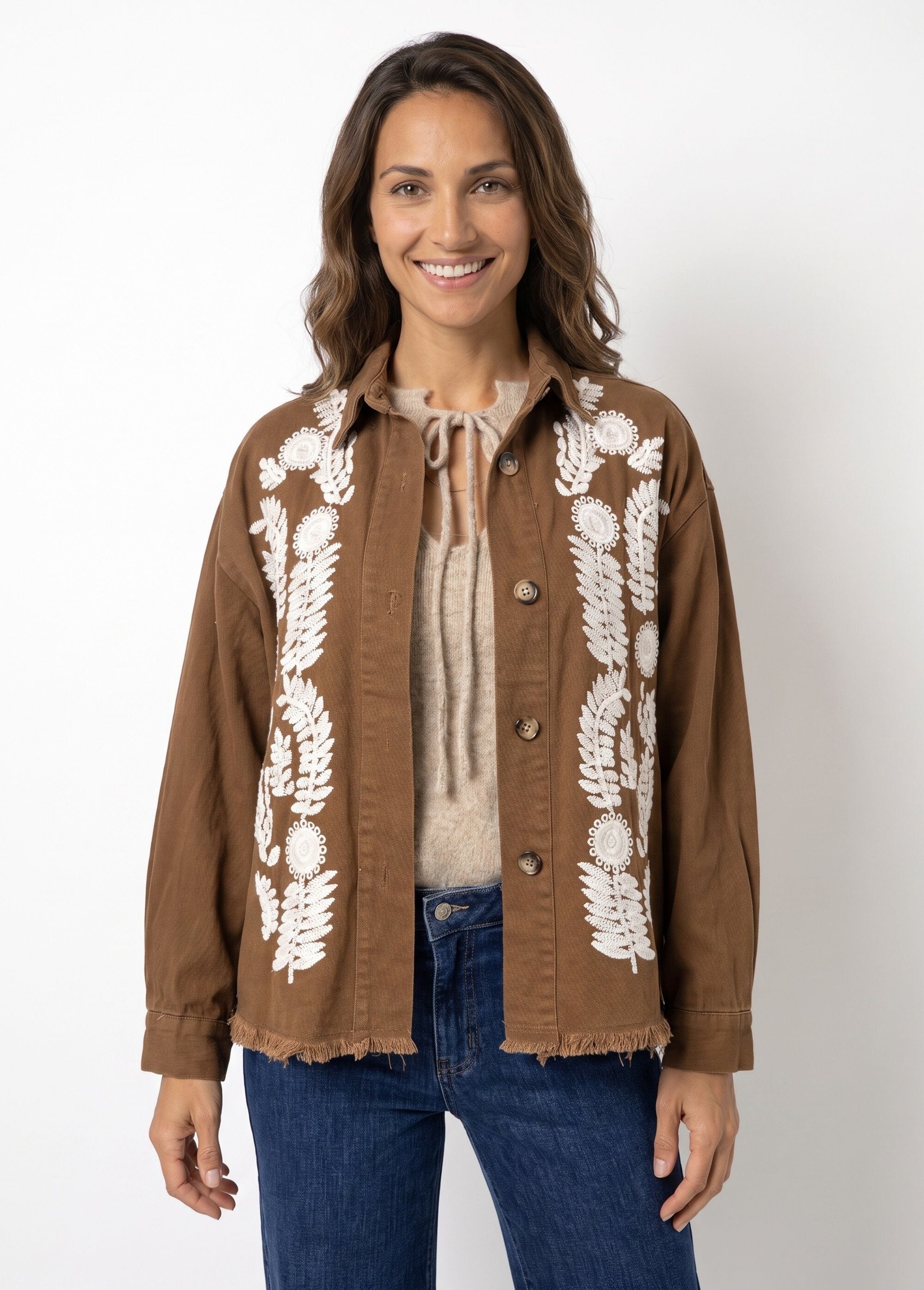 Veste surchemise brodée inspiration folk Femme Marron JB-A3131 FA1