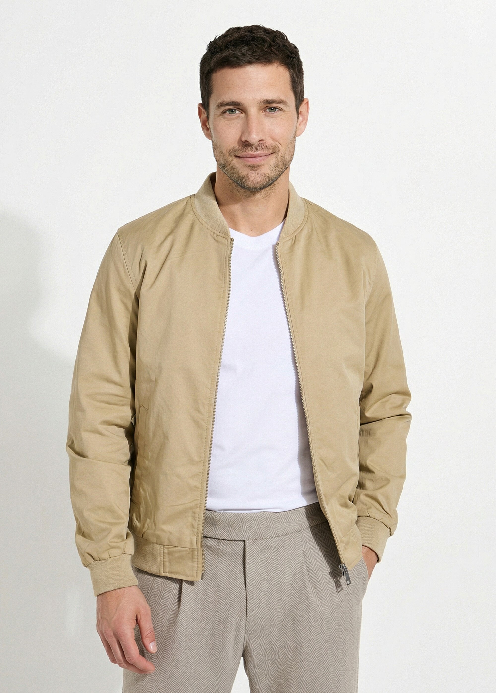 Blouson zippé forme Harrington col cotes Homme Beige KYM5169 FA1